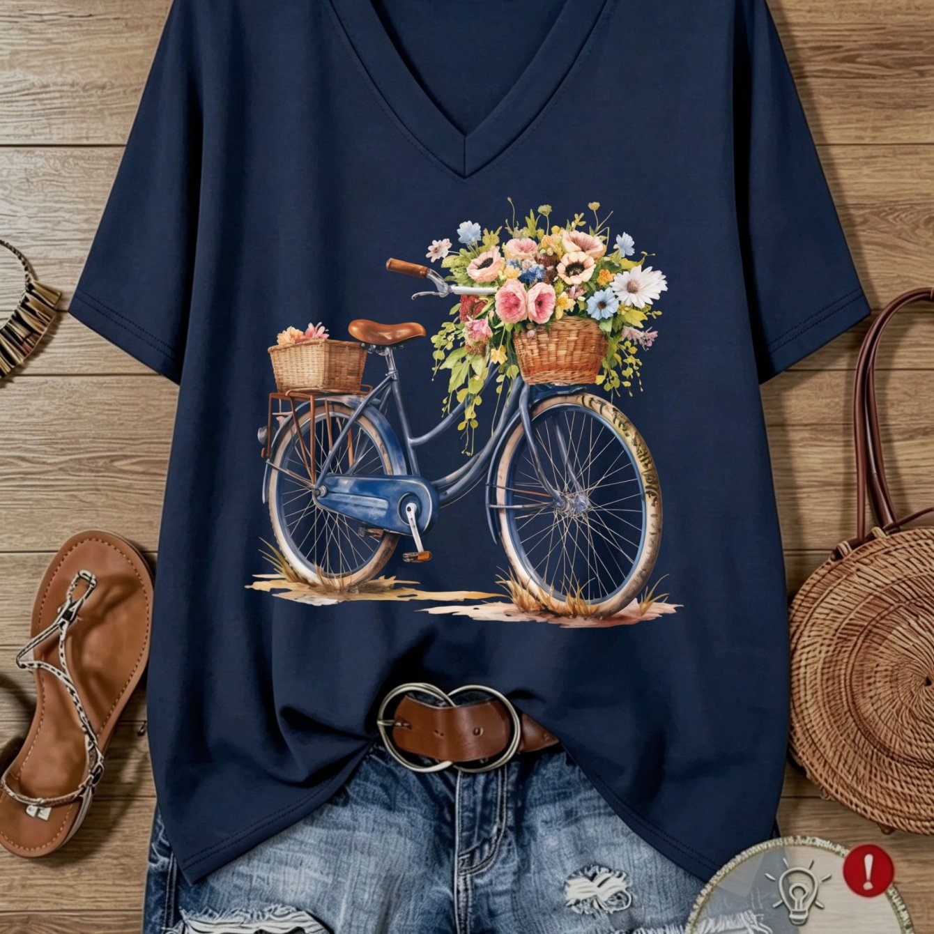 TEMU Plus Size Women's Vintage & Flower Basket Print T-shirt - Loose Fit V-neck Short Sleeve Suitable For Sports, Yoga, Layering, Commuting, Home,