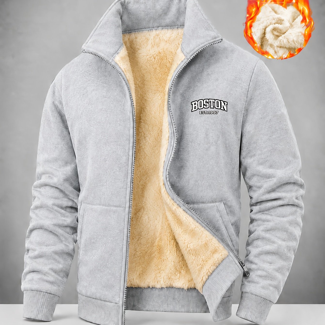 TEMU Men's Fleece Lined Full Zip Jacket, College Style Letter Graphic Stand Collar Sweatshirt, Warm Casual Winter With Pockets