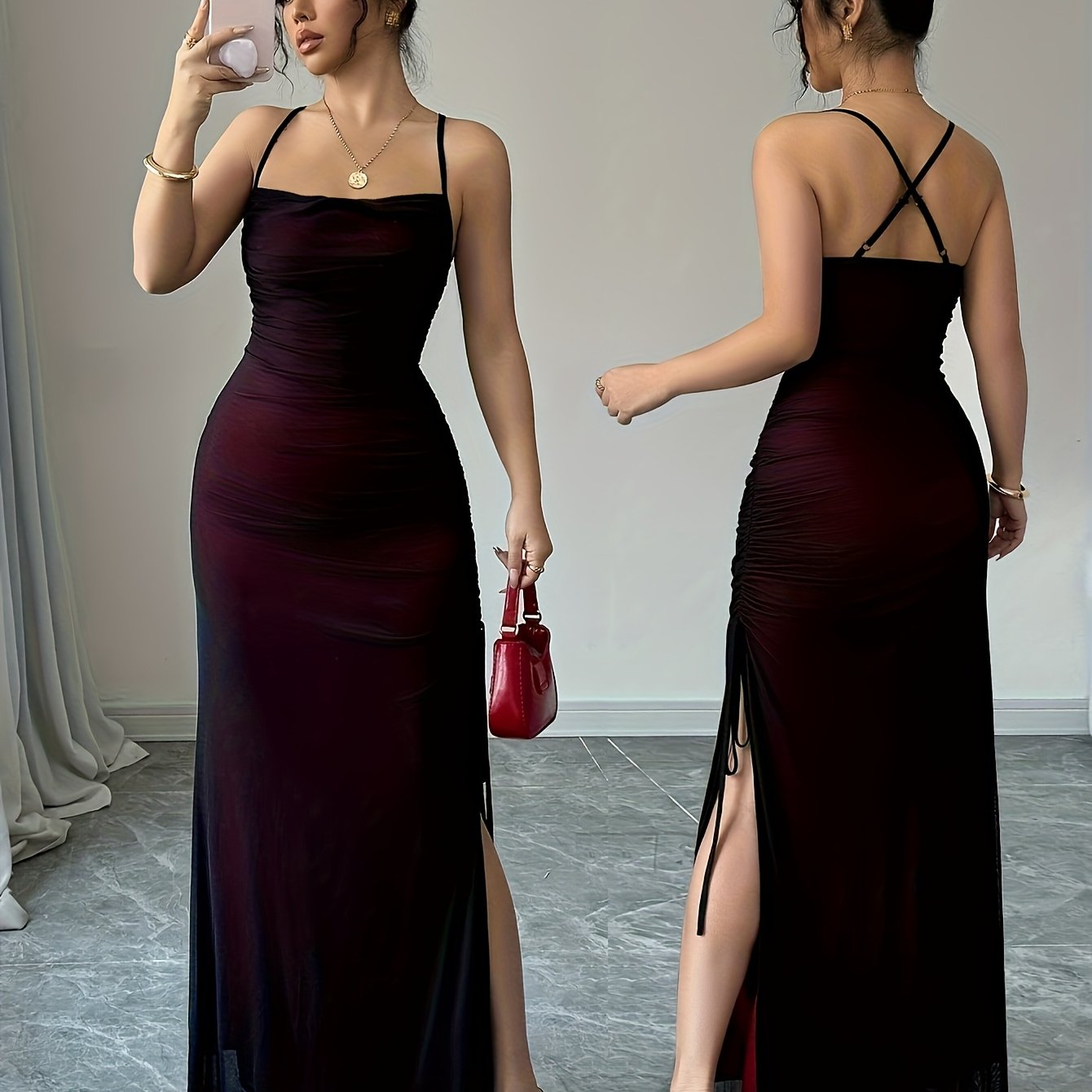 Image of /summer Mesh Spaghetti Strap Long Dress For Women, Cross-back Backless Pleated Slit Slim Fit Hip-hugging Sexy Banquet Gown