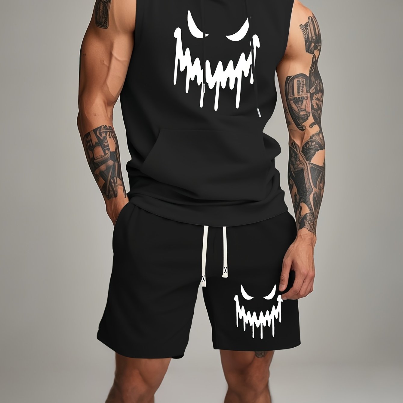 TEMU Summer Trendy Brand Vacation Minimalist Elastic Print Sports Casual Set In Colors, Featuring A Full-hooded Vest And Shorts, Perfect For