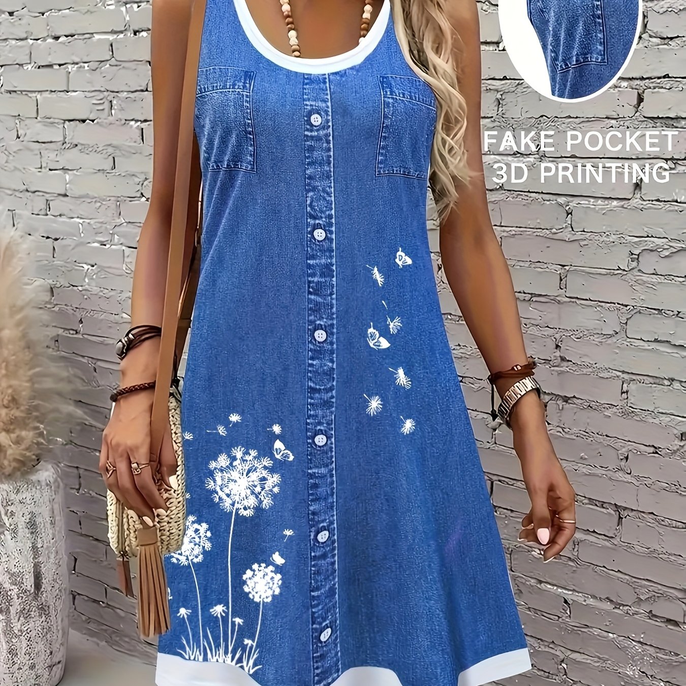 Ladies' Elegant Printed Sleeveless A-line Dress - Round Neck