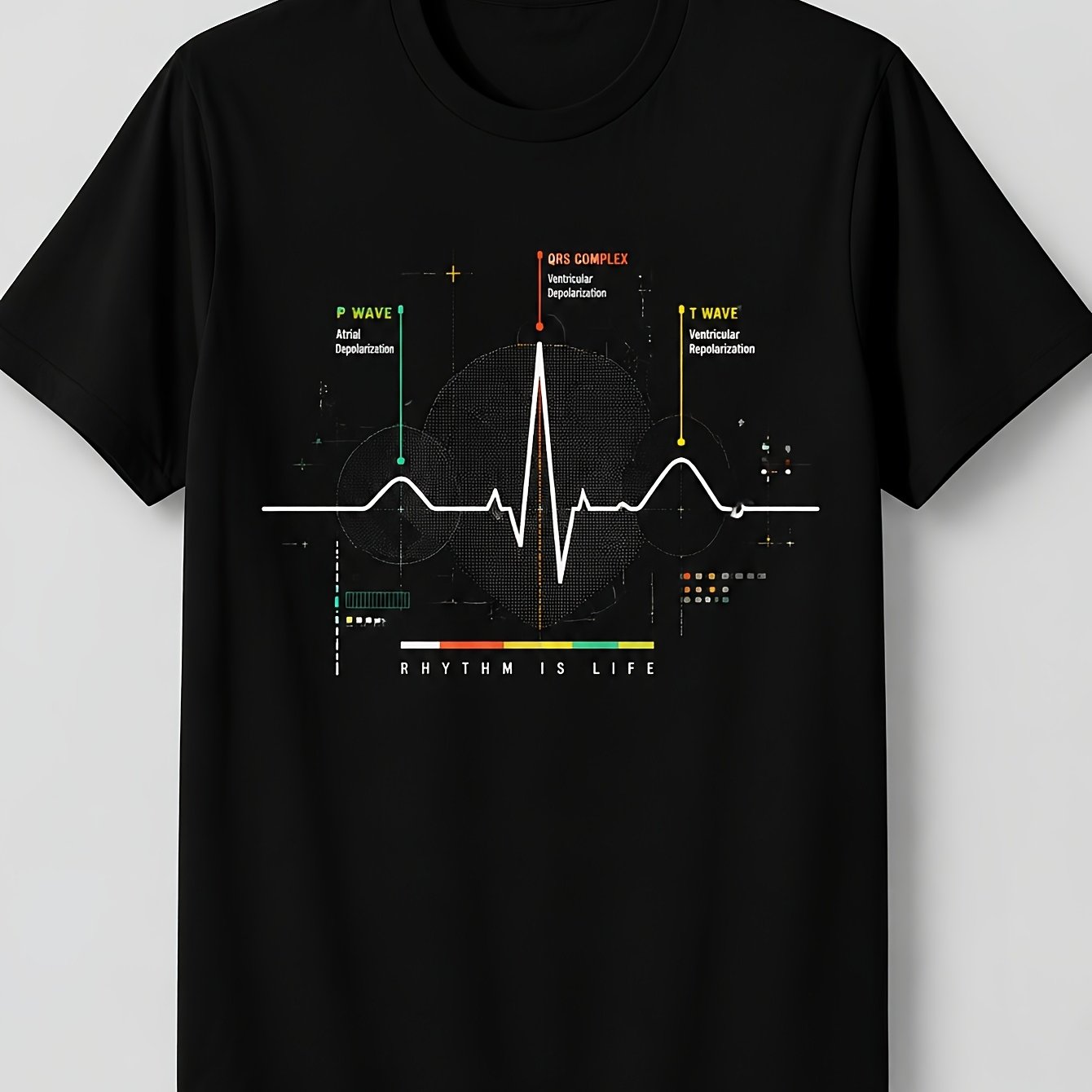 Image of Men's Ecg Rhythm Graphic T-shirt, Short Sleeve Crew Neck Casual Wear For Daily And Summer Outfits, Plus Size