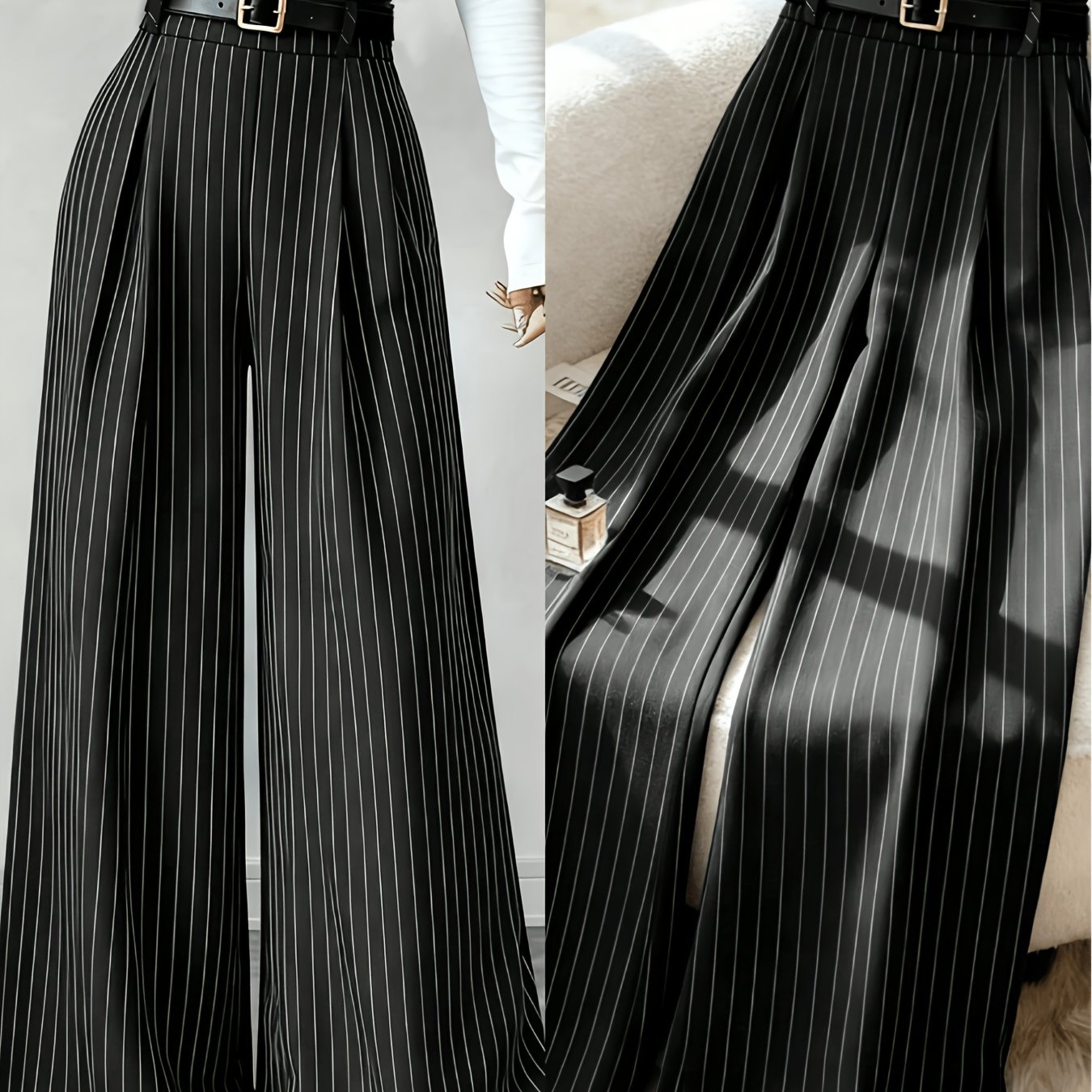 TEMU New Women's Striped Blazer Pants, High-waist Elegant And Stylish Pleated Loose Straight-leg Casual Trousers, Spring/autumn Style, Versatile