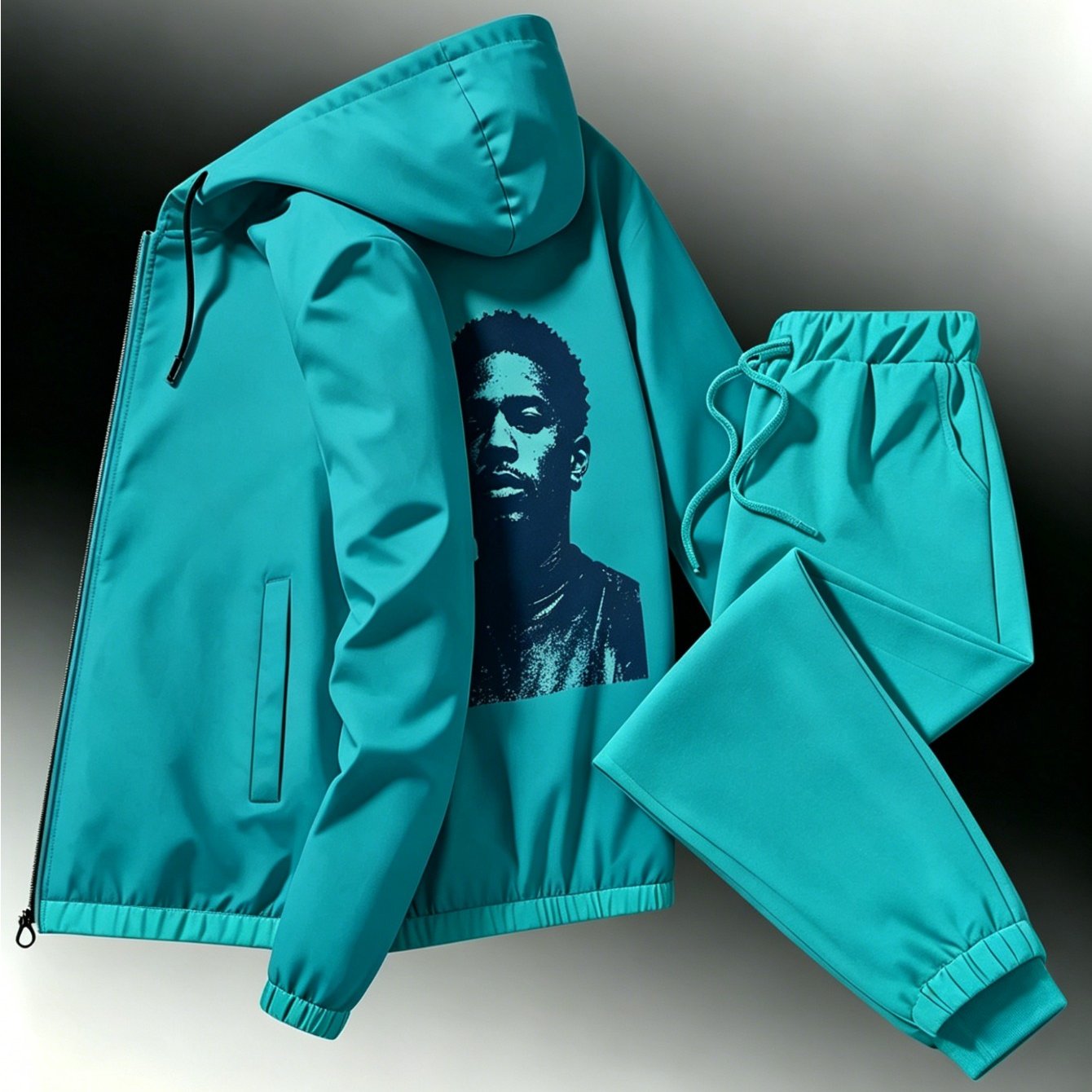 2pcs Set New Arrival: Unisex Casual Print Windproof Zipper Jacket Set | Hooded, Regular Fit, Stretch Fabric, Perfect For Men, Suitable For Occasions, Plus Size