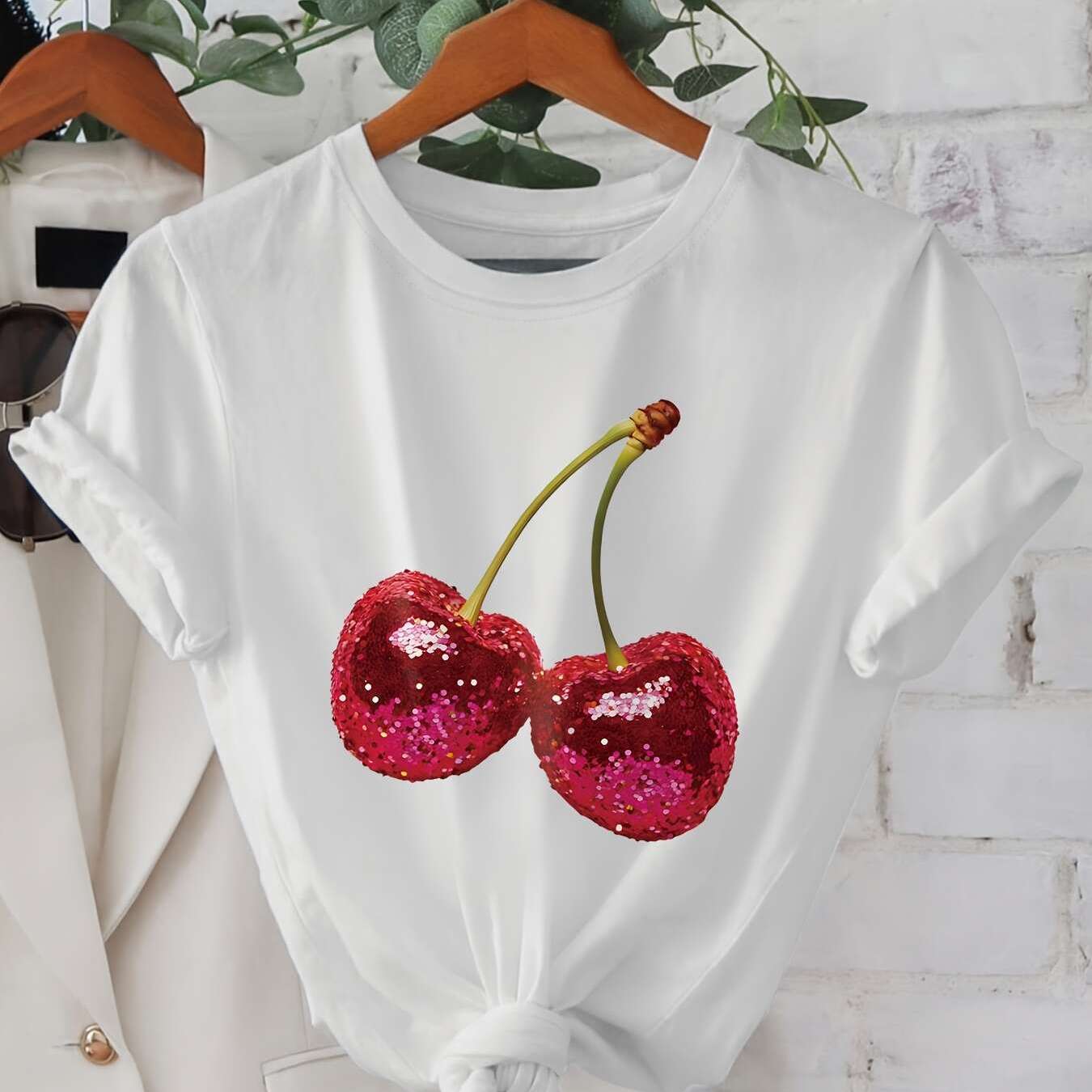 TEMU Casual Summer T-shirt For Women Featuring A Shiny Cherry Print, Round Neck, Short Sleeves, And Made From A Lightweight In White With Red