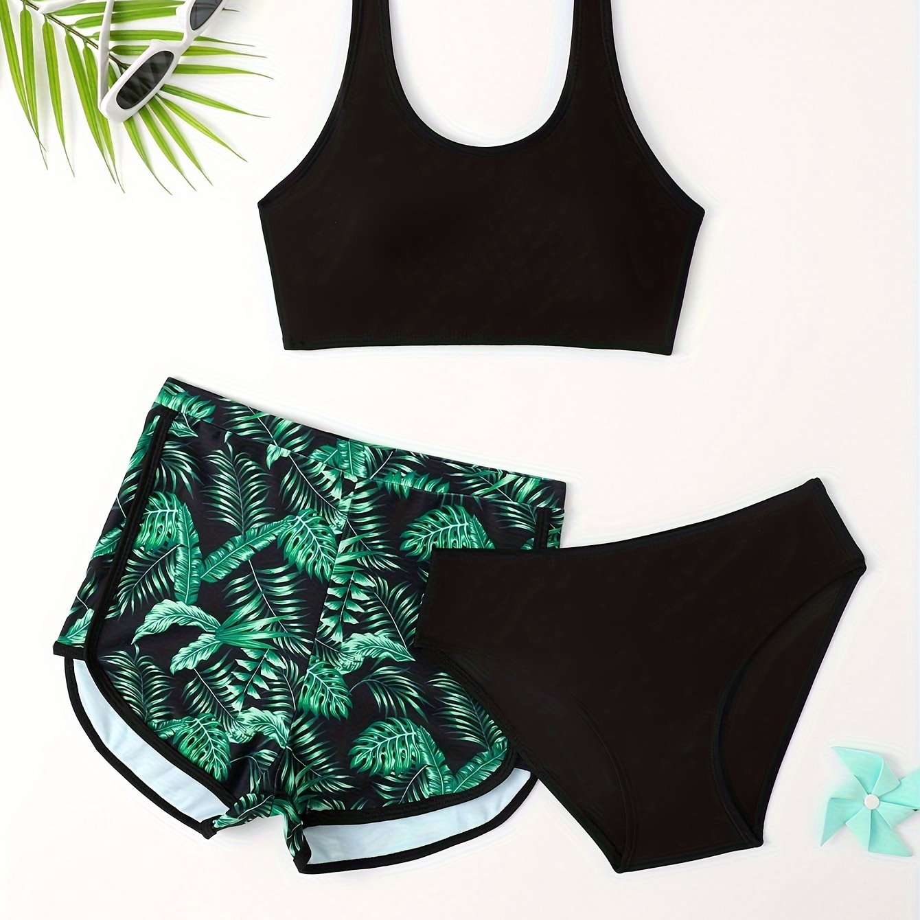 3-piece Fashionable Leaf Print Girls' Bikini Set Swimming Pool