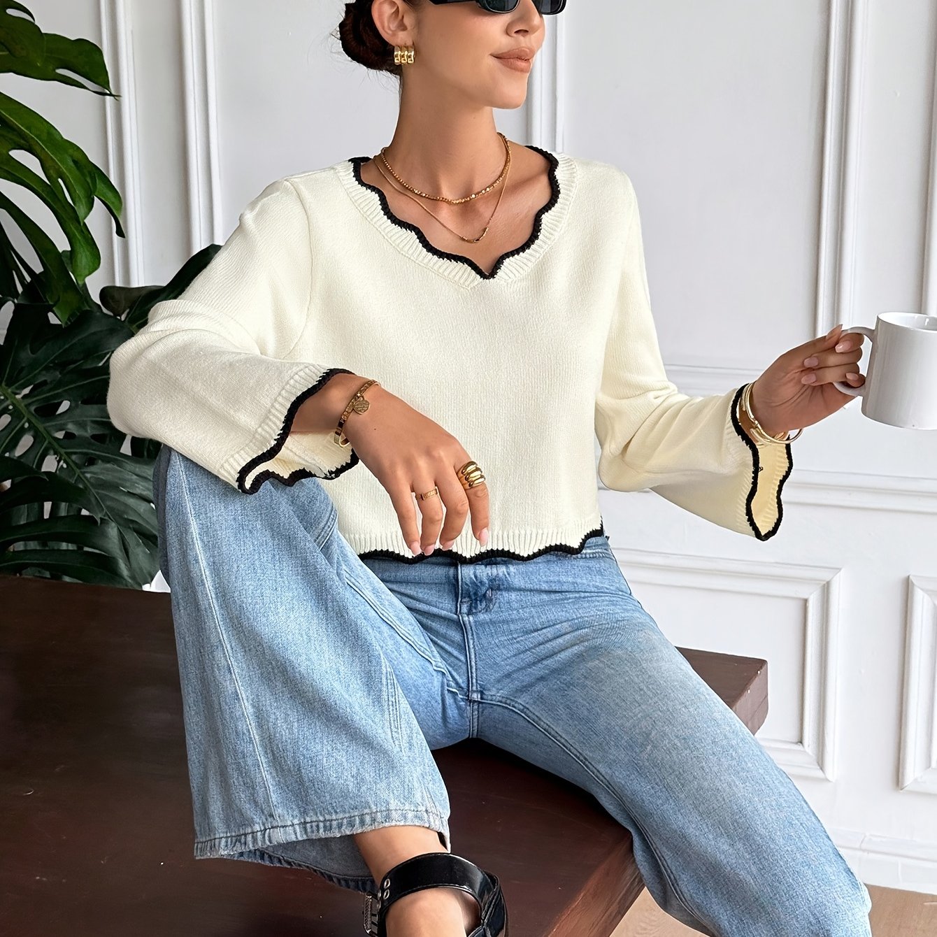 TEMU Damen Freizeit-Top mit Kontrastbesatz, V-Ausschnitt langen Ärmeln, vielseitiges Oberteil, Herbstlicher Cropped-Pullover mit ausgestelltem Ärmel,