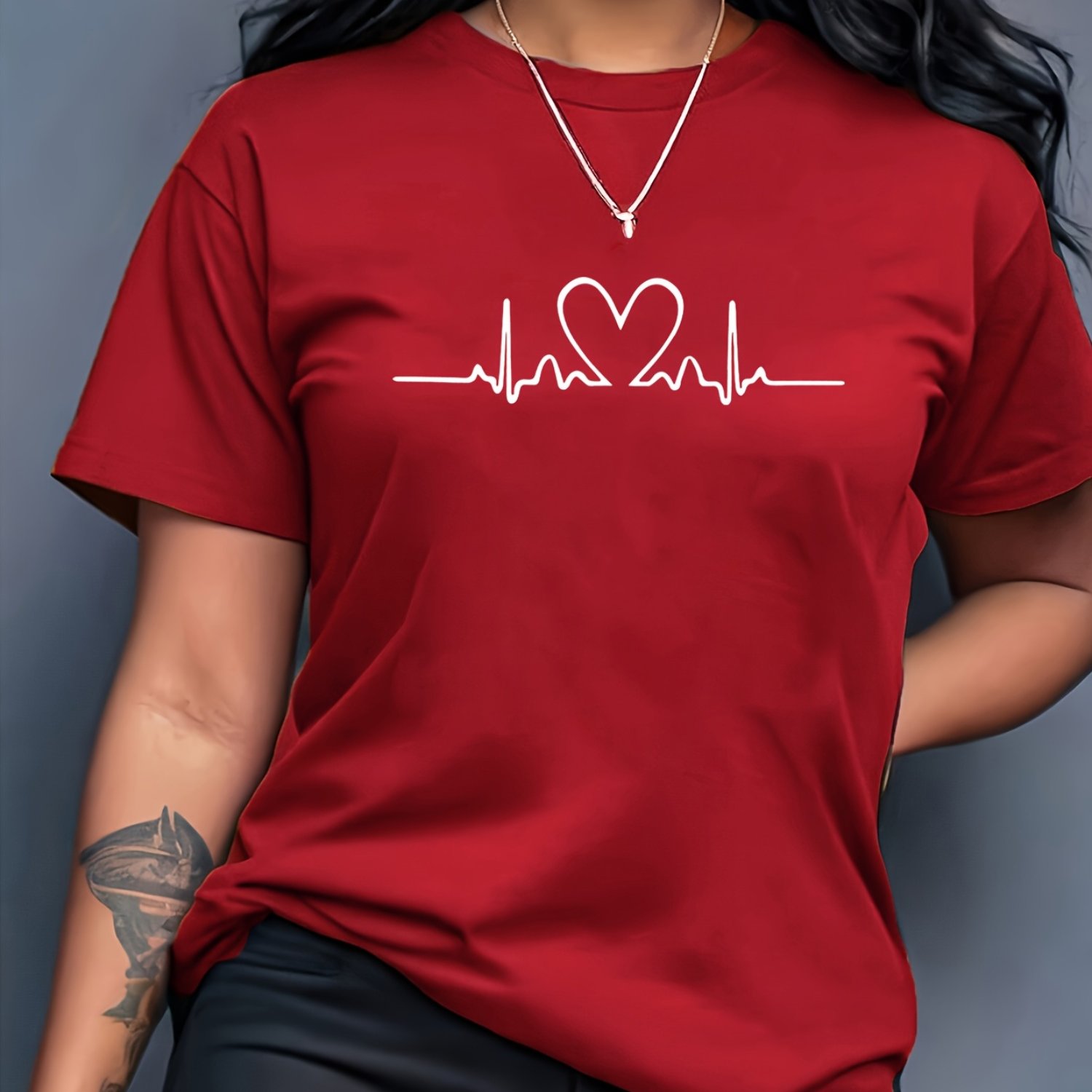 TEMU Women's Ecg Line Pattern Printed Fashion Casual Athletic Round Neck Short Sleeve T-shirt