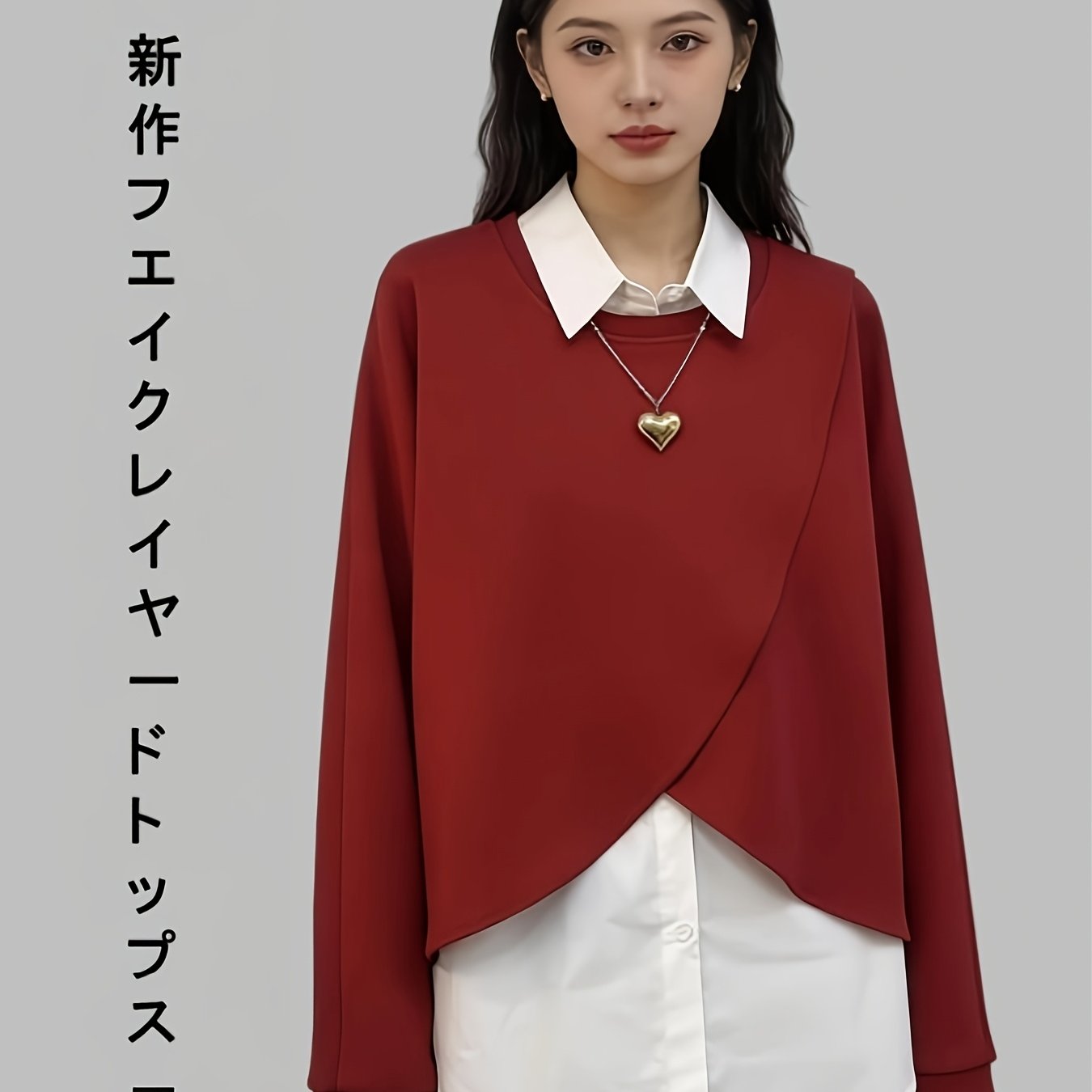 TEMU 【商品名】レース袖とネックラインの秋と冬のトップス（レディース）。トで。女性に最適。ファッショナブルなレイヤード着。レース袖ブラウス。通勤やホームウェアに。