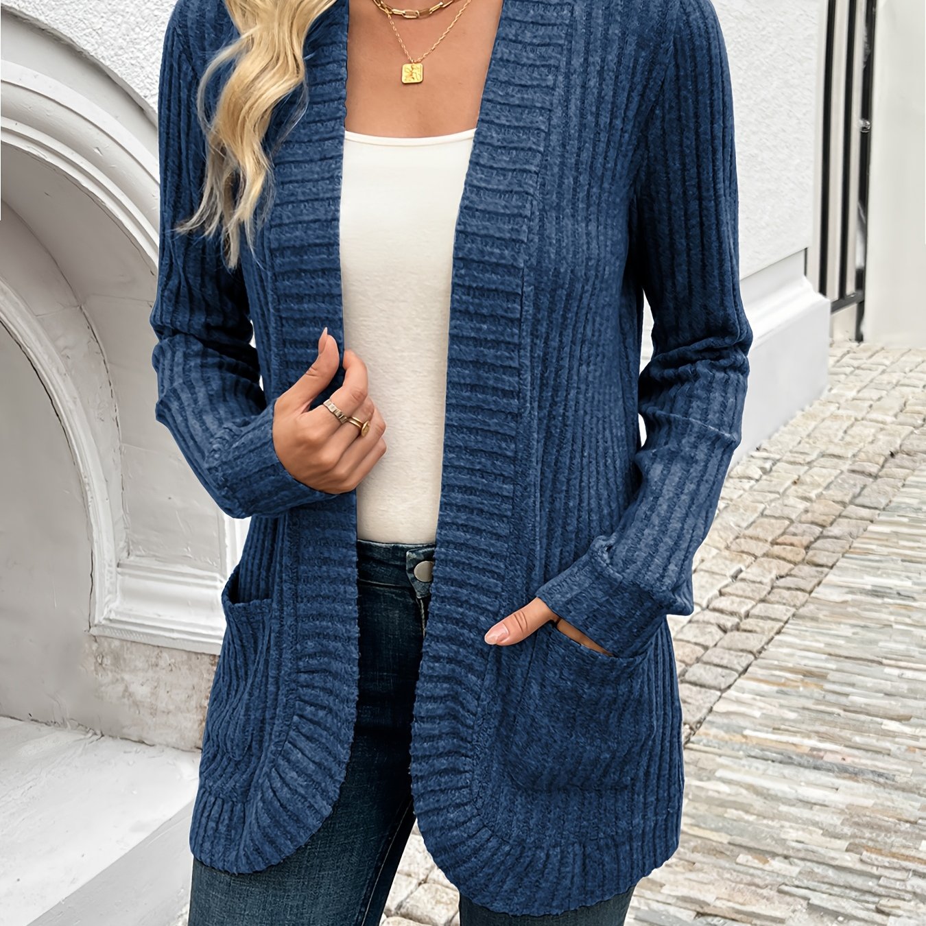 Image of Directional Elegant Solid Color Open Front Pocket Fabric Cardigan