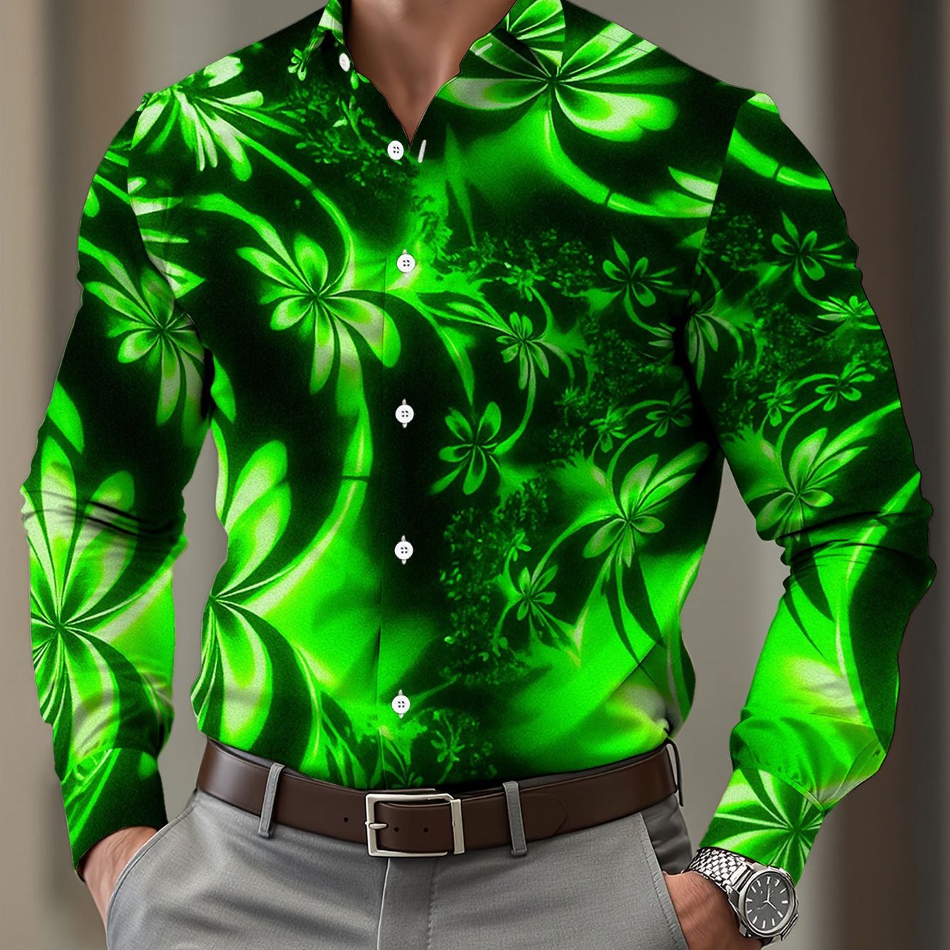 TEMU Standard Size Men's Long Sleeve Printed Shirt With Fluorescent Green Floral Pattern Background, Versatile Regular Fit Dress Shirt For Men,