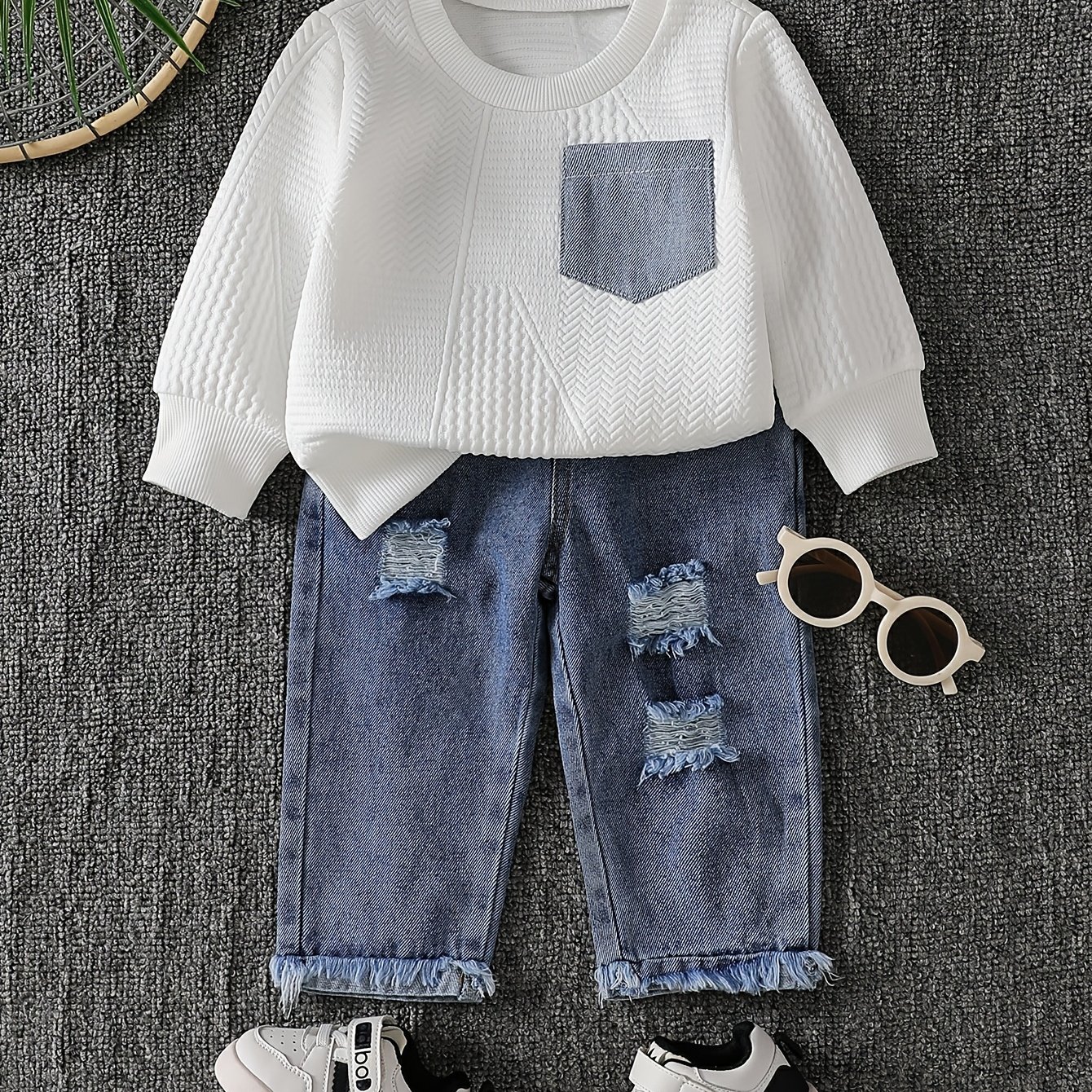 2pcs Girls' Denim Set With Embellished Top, Fabric, Ripped Jeans, Casual Fashion Style For Casual Attire, Perfect For Outdoor