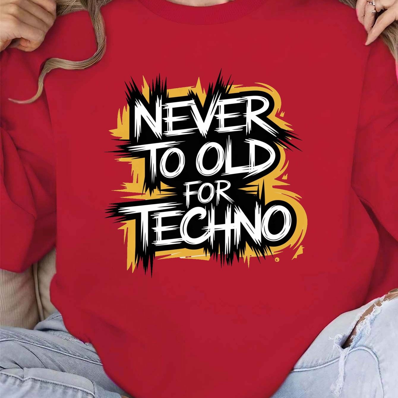 TEMU Women's Casual Crew Neck Sweatshirt - 100% Polyester Knit Fabric, Geometric-patterned "never Too Old For Techno" Design, Fall/