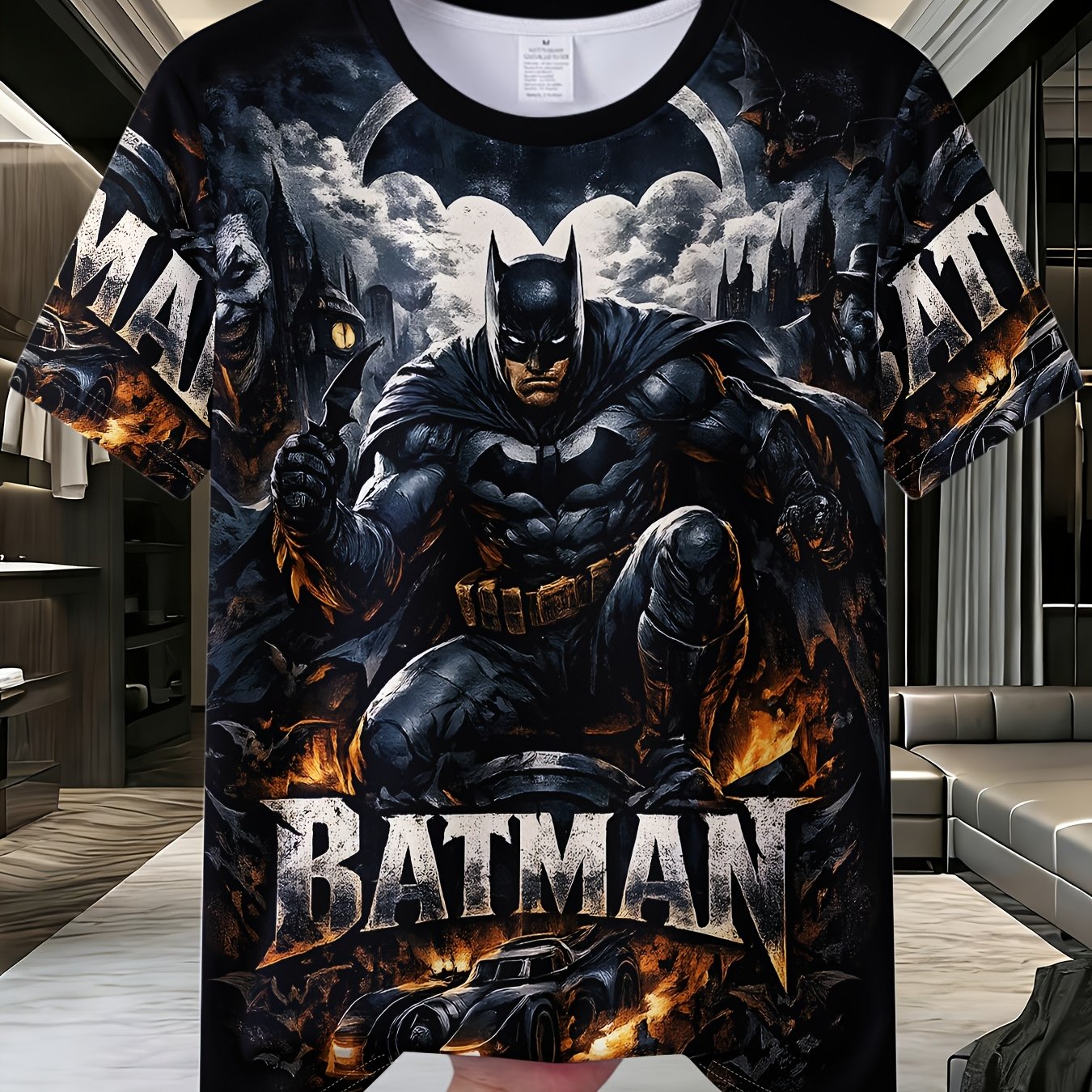TEMU Men And Women's Batman-themed Crew Neck T-shirt; Features Street Style; Suitable For Beachwear, Casual , Sports, Or Lounging At Home; A Great