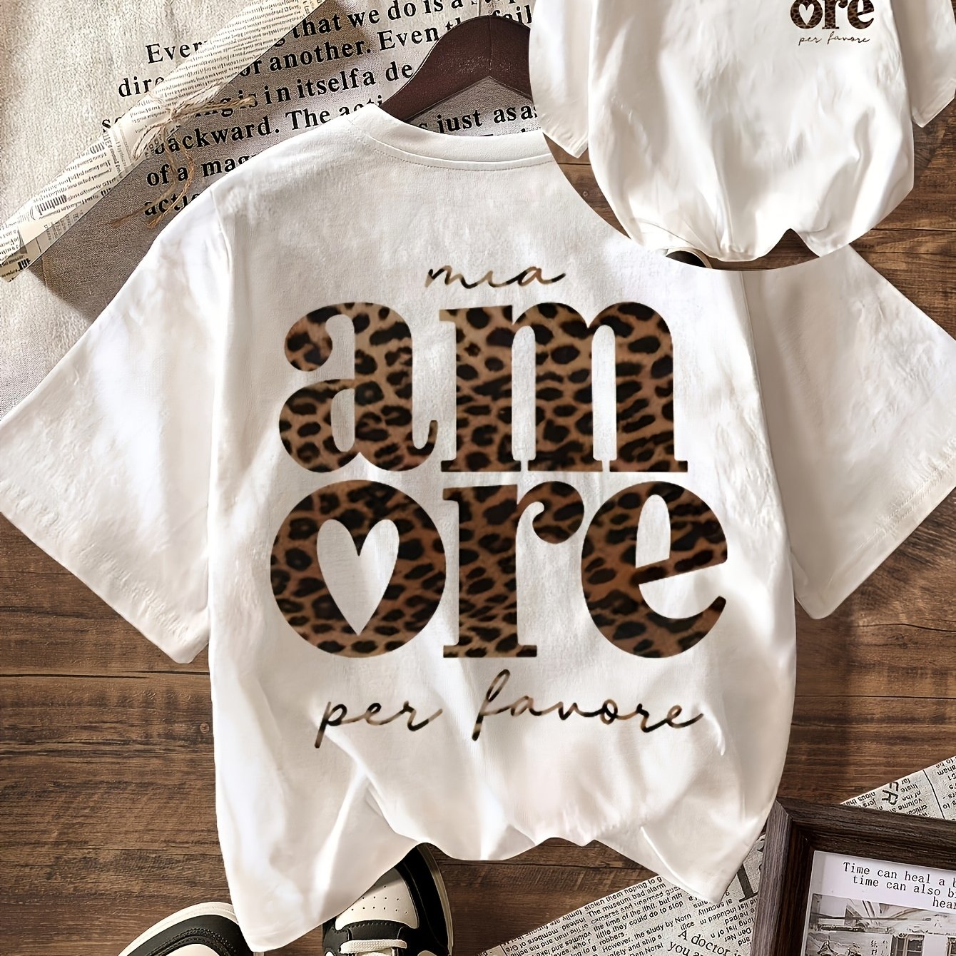 TEMU Leopard Print Letter Graphic Short Sleeve T-shirt, Round Neck, Casual Women's Top For Spring/summer, Daily And Sporty Wear