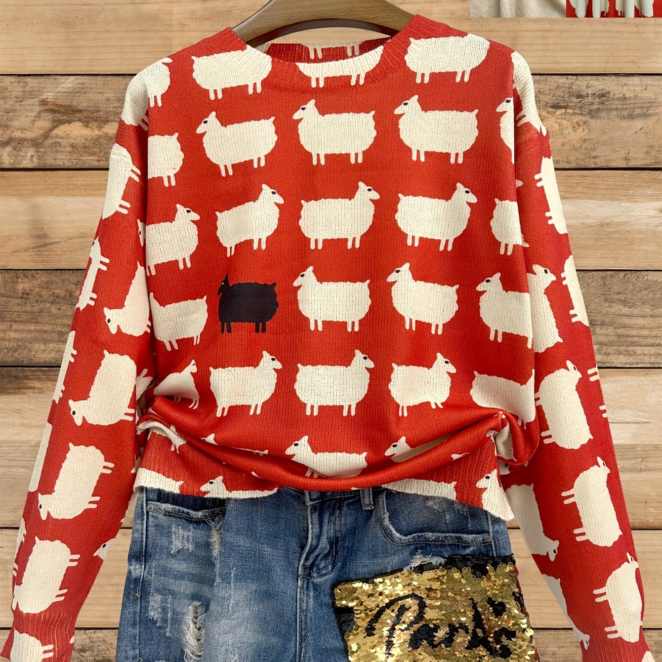 E-shop [All-] [Dünn] [Pullover] Druck Schafdruck Dünner, Casual Rundhals Langarm Pullover Damenbekleidung