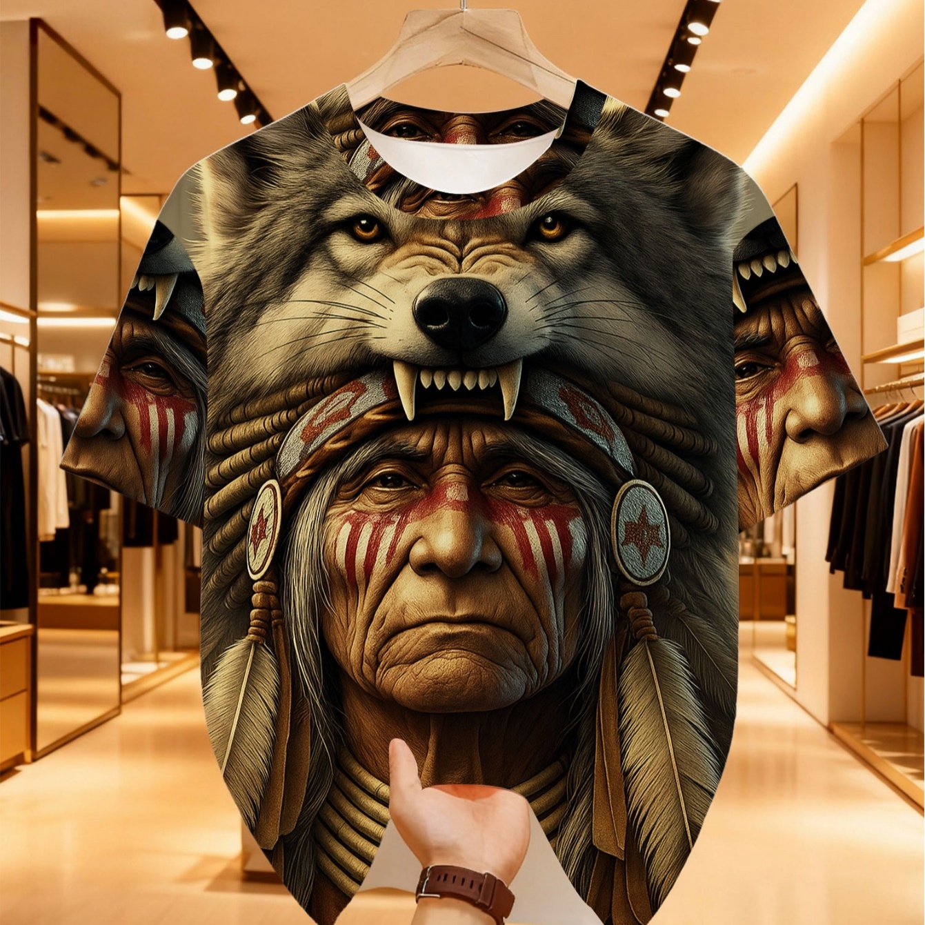 TEMU T-shirt pour Homme avec Loup Tribal et Coiffe de Plumes de Chef - Imprimé Loup et Tribal à Col Rond, Tenues d'Été Décontractées Adaptées aux