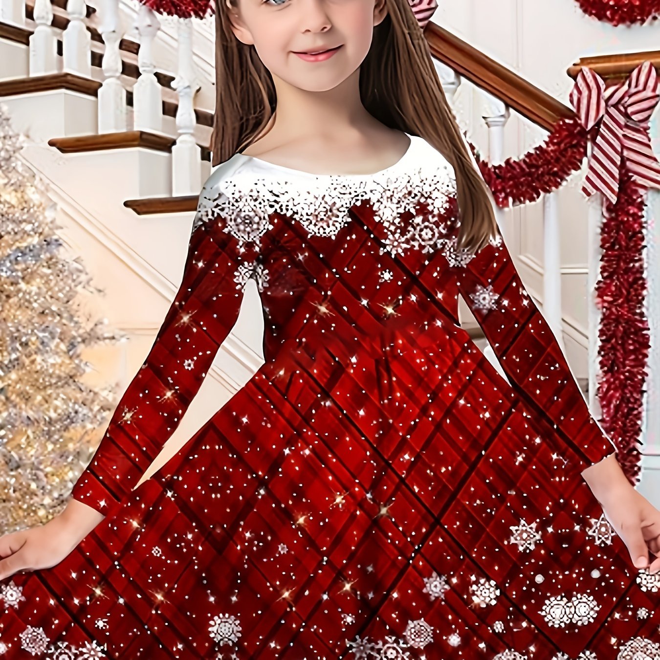 TEMU Christmas Style, Christmas-themed Girls' Long-sleeve Dress, Soft And Comfortable Casual Fashion Dress For Spring, Summer, And Autumn, Suitable
