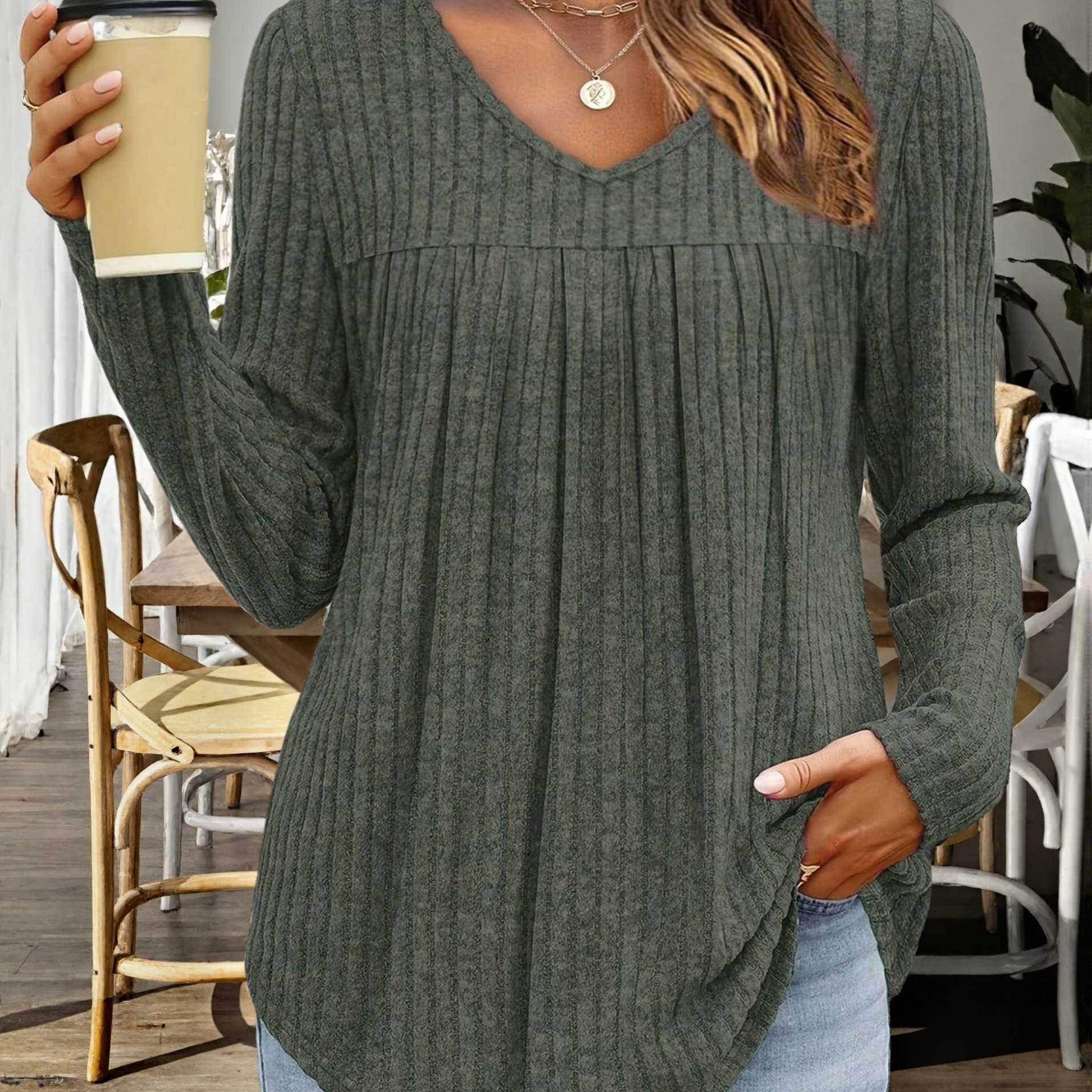 TEMU Plus Size Women's V-neck Vertical Ribbed Pleated Long Sleeve Top, Loose Tummy-covering Fashion Casual T-shirt, Versatile For Home And Out
