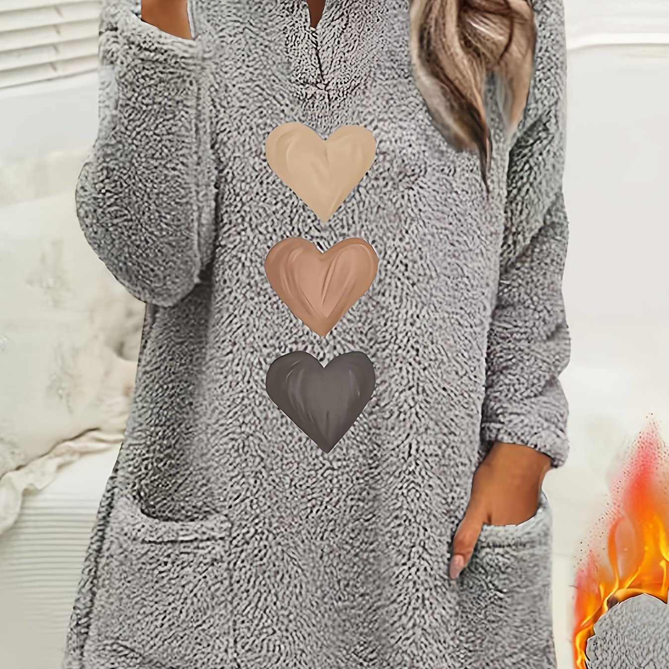 Image of Autumn Winter Women's New Comfortable Casual Plush Fleece Long Sleeve Pullover V-neck Double Pocket Heart Print Sweatshirt