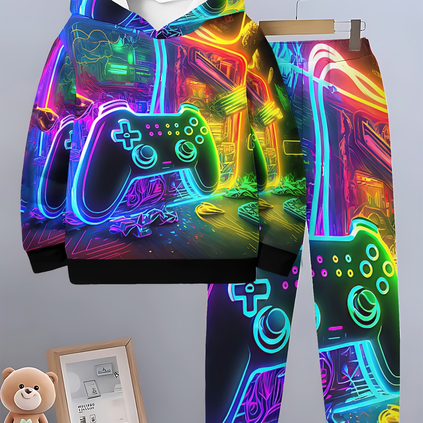 Image of Boys' Printed Casual Hoodie Set For Spring And Autumn, Long Sleeve Sportswear, Boys' Outdoor Hoodie Set, For Outdoor, Christmas, Halloween