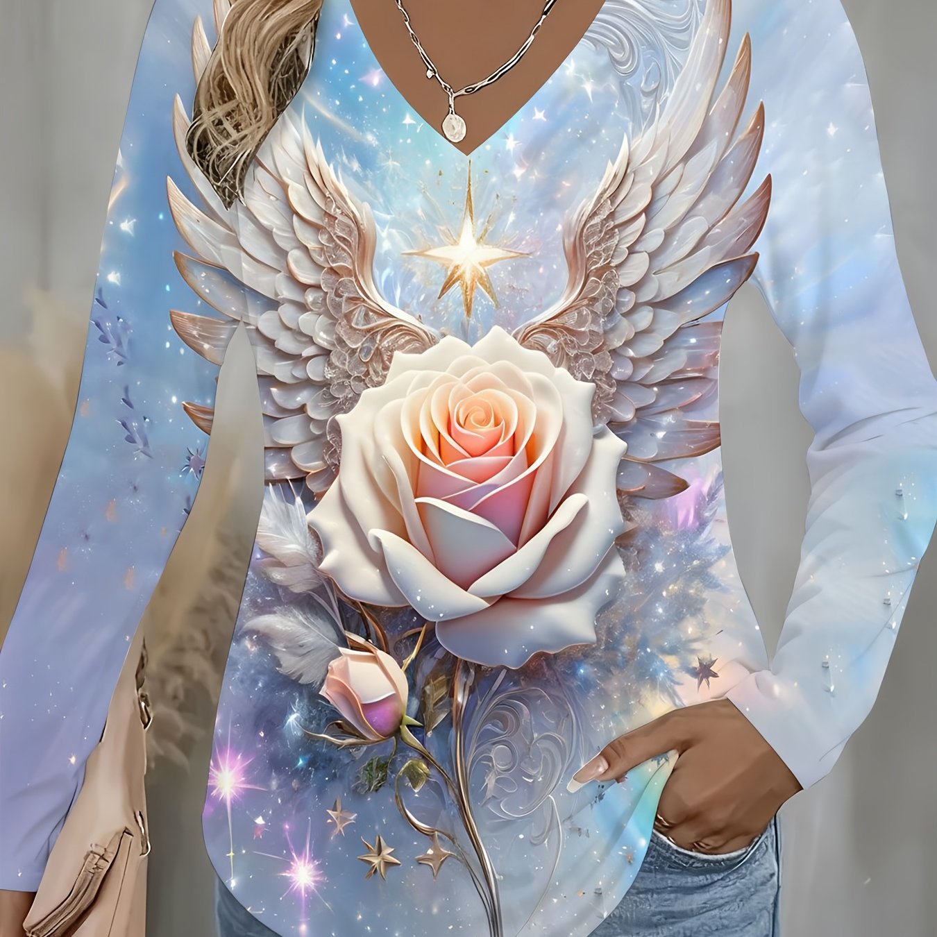 Full Print Women's V-neck Flower Long Sleeve T-shirt| Light Rainbow Design, , Suitable For Autumn, Christmas, New Year, Year Of Horse Gifts, For Family
