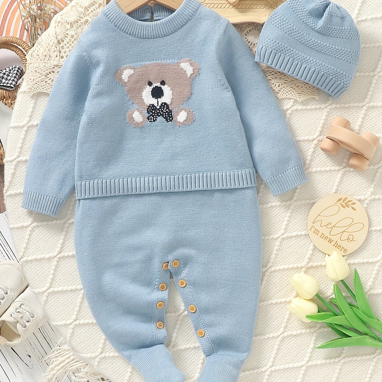 Baby Knit Cute Bear Romper Autumn And Winter Crawling Clothes Jumpsuit, For Outdoor