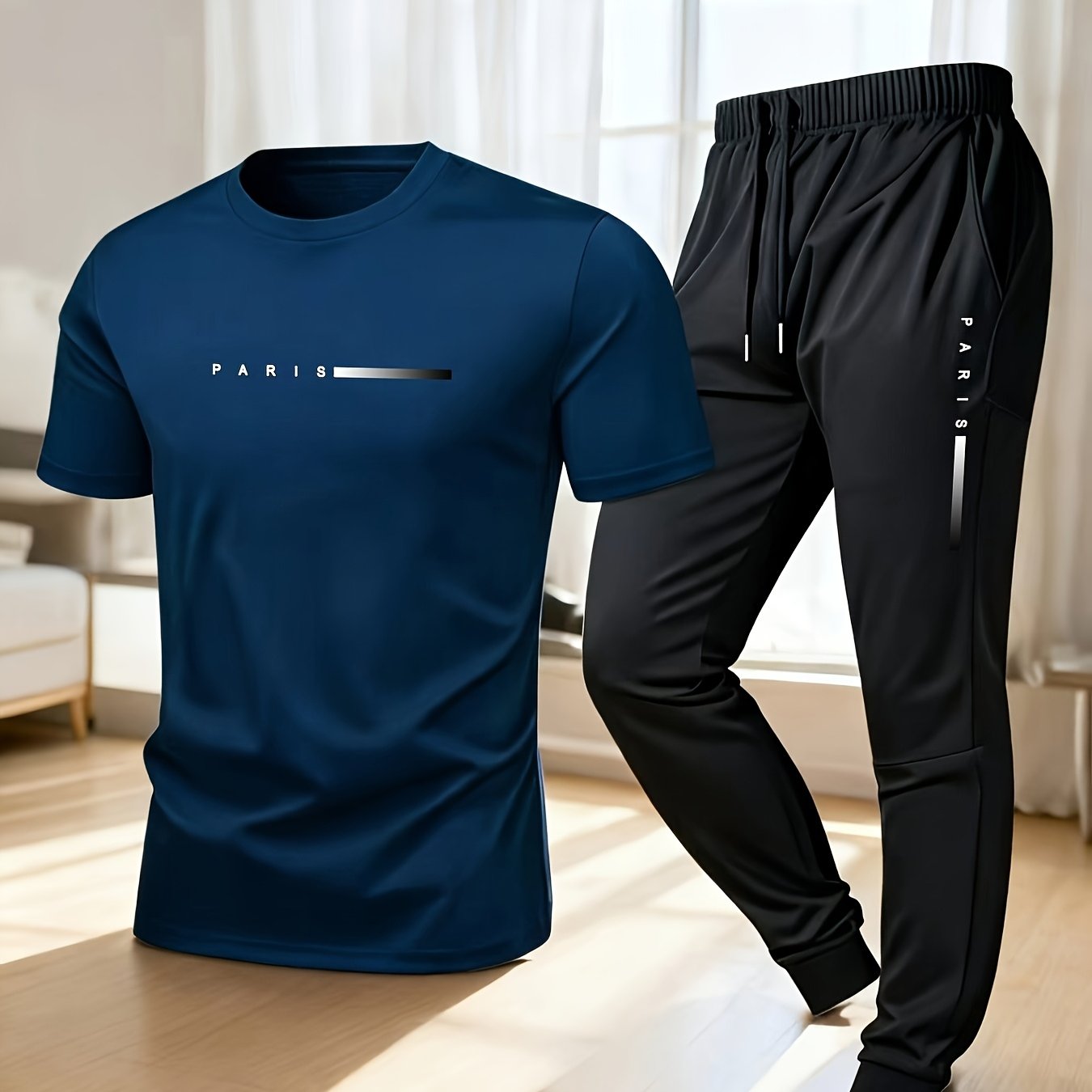 TEMU Men's Athletic Casual 2pcs Set - Short Sleeve T-shirt And Long Pants Outfit, Creative Letter Print