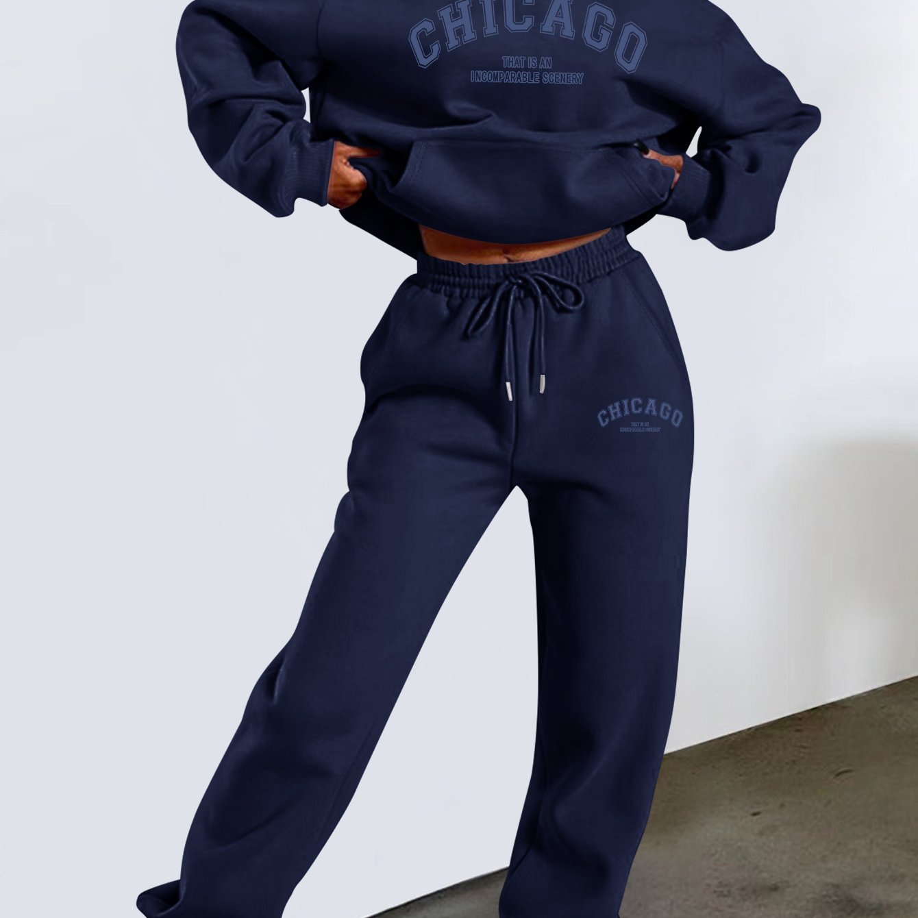 TEMU Simple Letter 'chicago' Pattern Women's Hooded Sweatshirt Pants Set With A Cap And Long-sleeved Casual Shirt Set, Shirt, Casual Drawstring