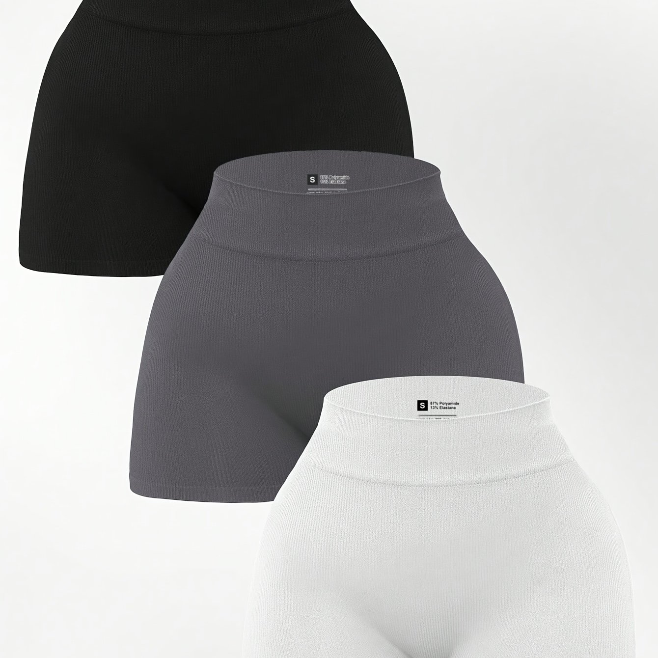 Image of 3-pack Women' Solid Color Ribbed Yoga Sports Shorts. High-waisted Tummy Control And -lifting Design, Suitable For Outdoor Running, , Or Dance Workouts