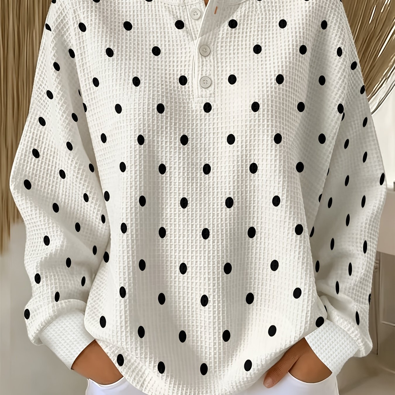 TEMU Plus Size, Plus-size Waffle Sweatshirt, Vintage White With Black Polka Dot Print, Classic Three-button Crew Neck Long Sleeve Sweatshirt