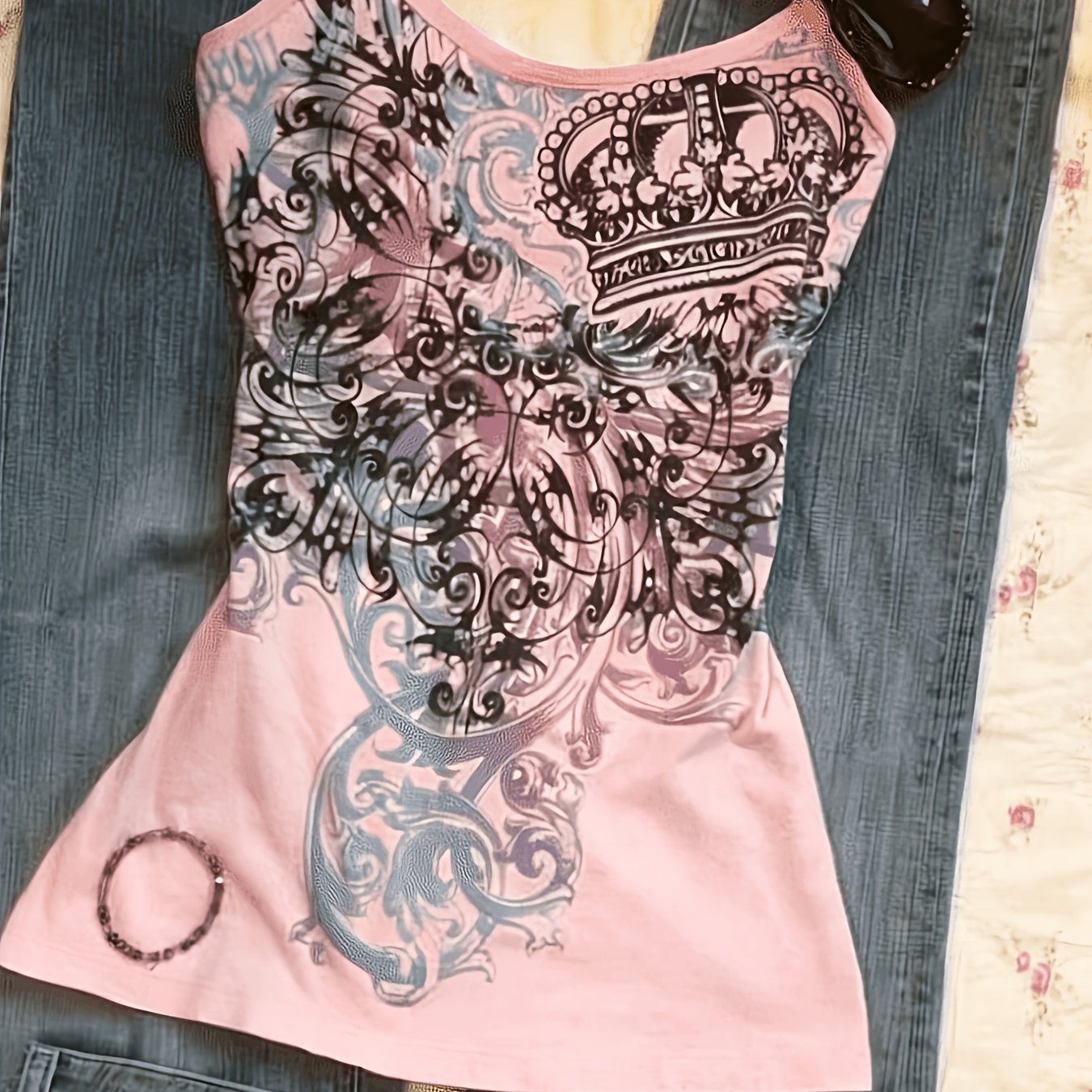 TEMU Damen-Camisole mit Kronen-Print, Y2K-Stil, gelbes figurbetontes kurzärmelloses Top, geeignet für den Sommer