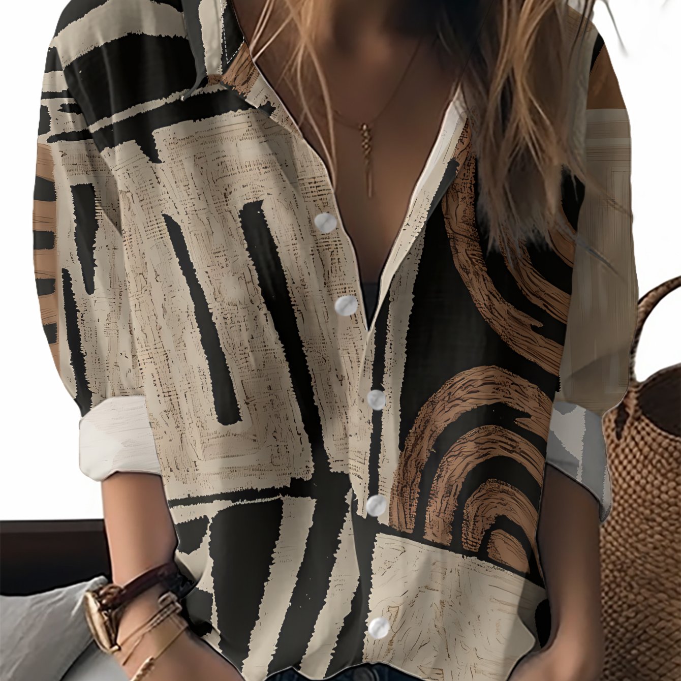TEMU Casual Stylish Women's Outdoor Long-sleeve Cardigan Shirt Featuring An Of Geometric Color Blocks And - Wear, With Vibrant Color Clashes, Natural