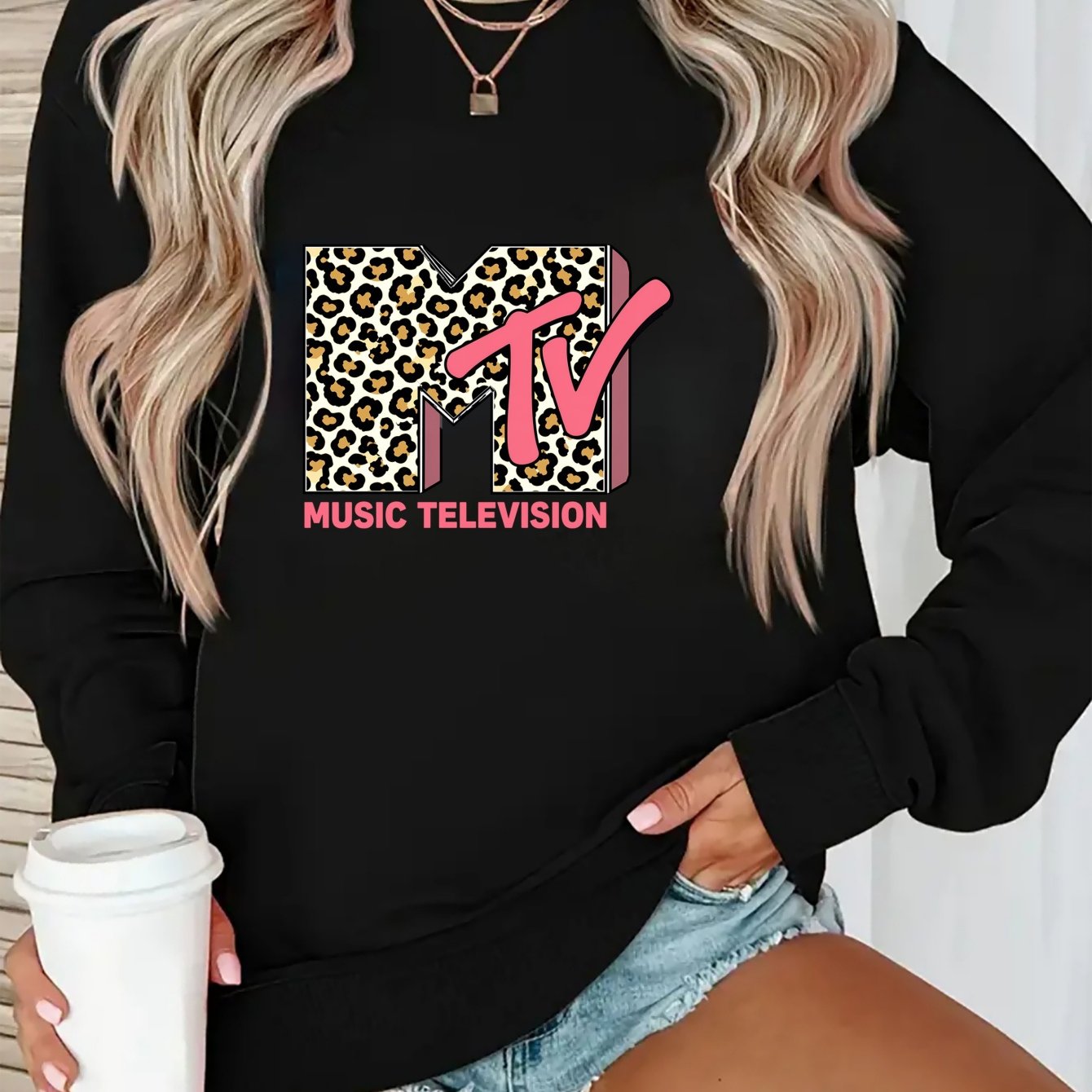 TEMU Damens Casual Langarm-Pullover mit Rundhalsausschnitt - MTV Music Television & Leopardenmuster, Schwarz mit Rosa-Weißer Schrift, Ganzjahres-,