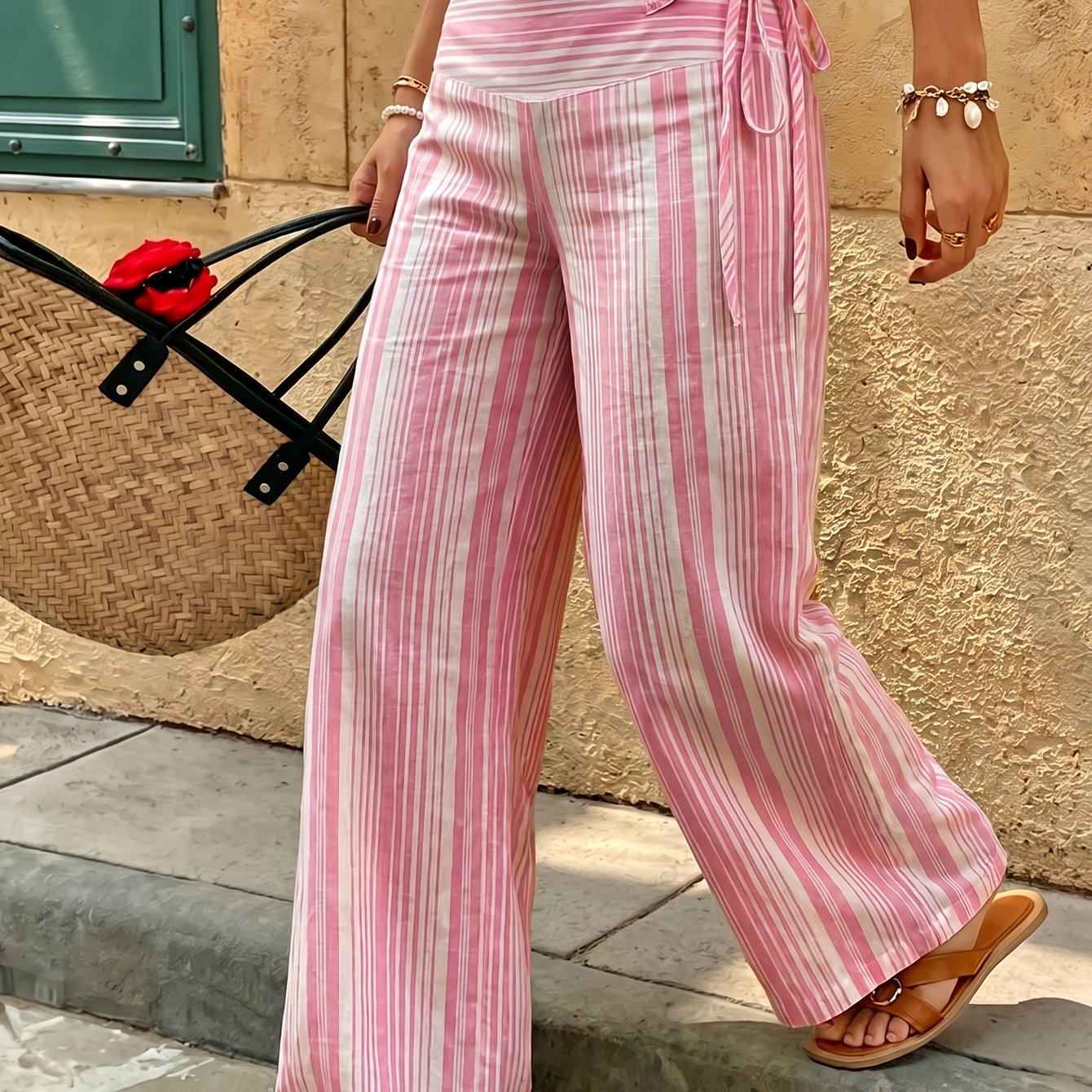 TEMU Women's Pink Striped Long Wide Leg Pants Non-stretch Casual Trousers For Spring, Summer, Autumn, And Winter, Women's Long Pants For Outing,