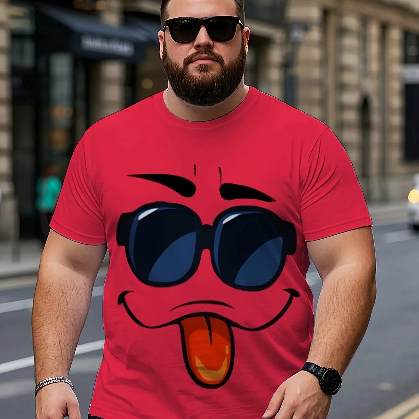 TEMU [printed Design-not Textured] Men's Cartoon Face T-shirt - Regular Fit, Casual Athletic Top, , Plus Size