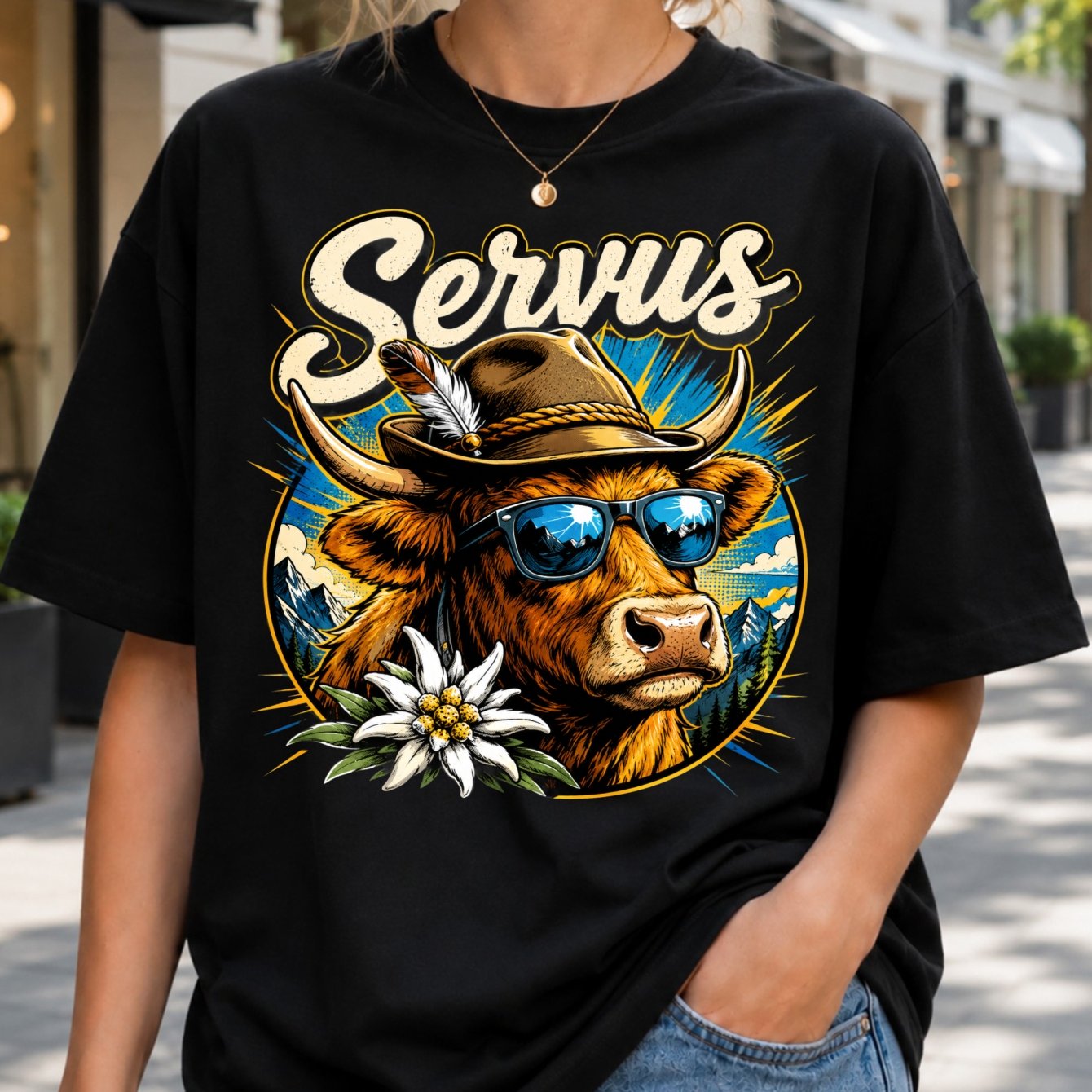 Servus With Cow Horned Alpine Sky And Rustic Lettering Women's T-shirt
