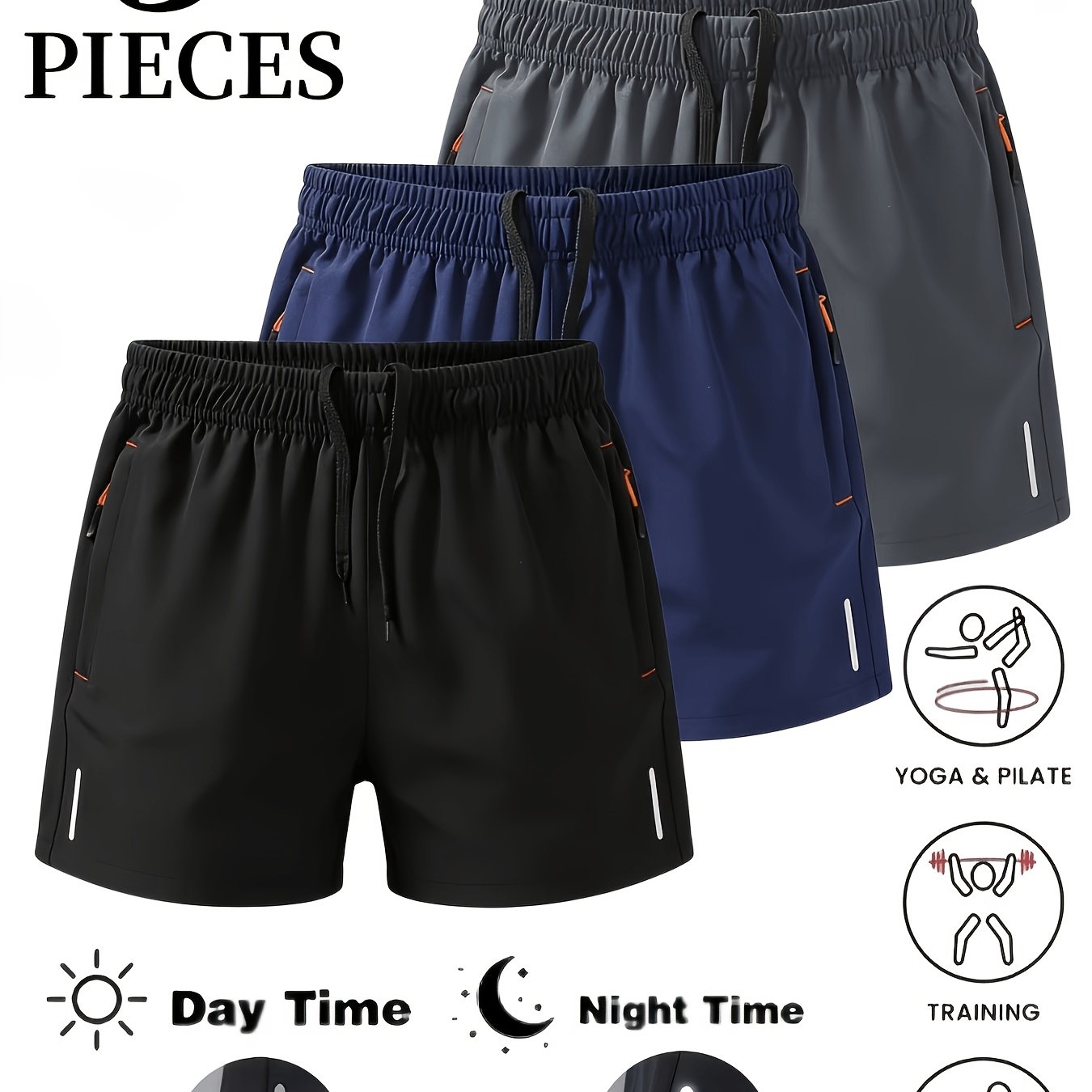 TEMU 3-pack Women's Summer Outdoor Quick-dry Shorts, Breathable Comfortable, With Zipper Pockets And Drawstring, With Silvery Reflective Stripes,
