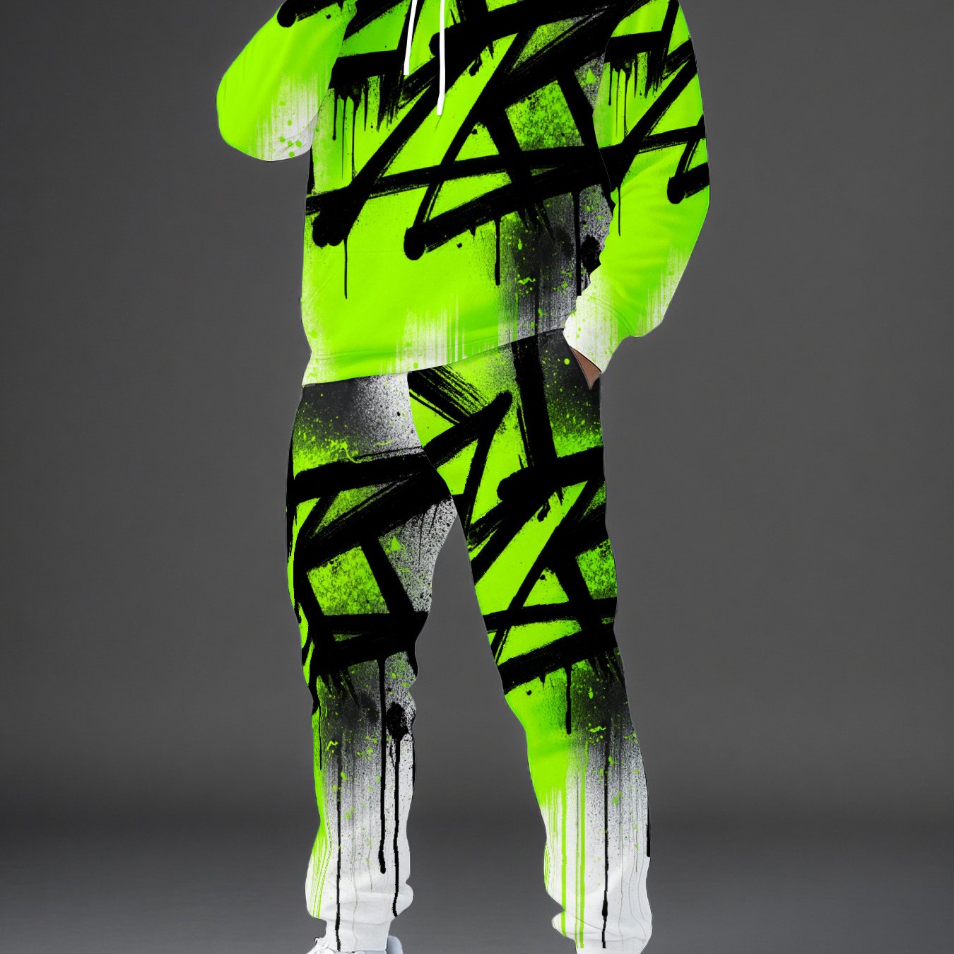 TEMU Men's Neon Green Hoodie And Jogger Pants Set, Black Graffiti Street Style Urban Fashion Daily Outfit