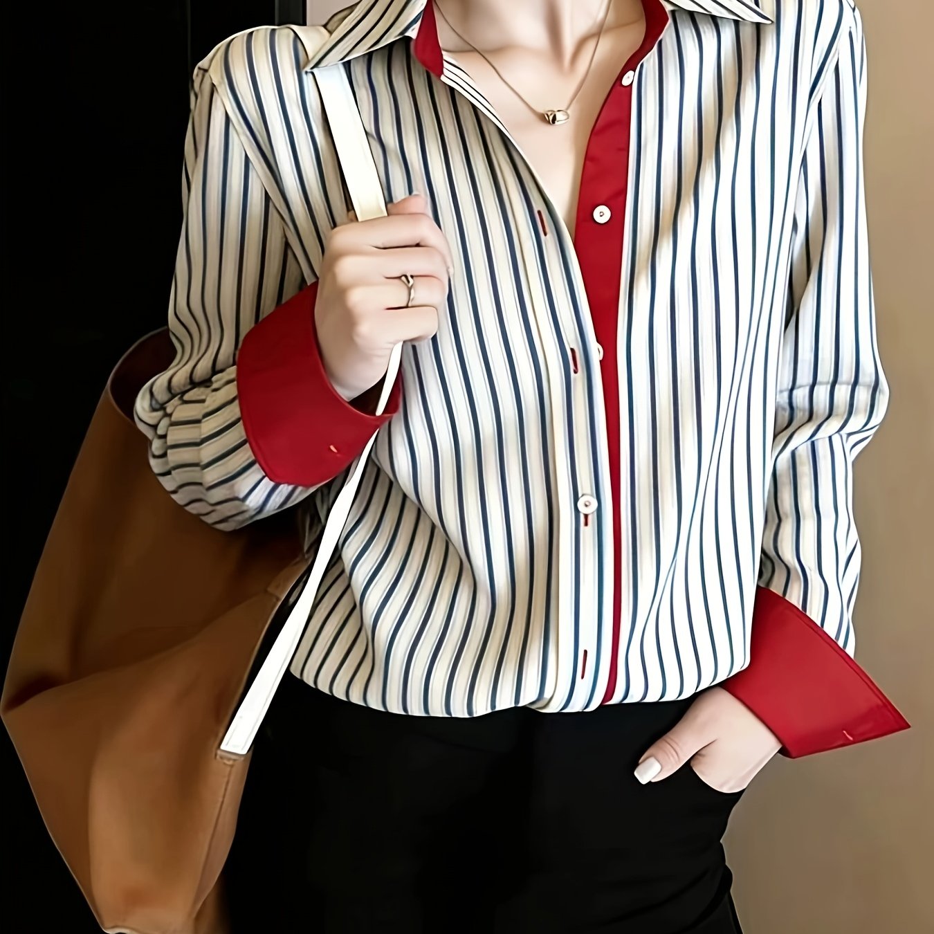 TEMU Women's Cagoule Blouse - Elegant Collar -front Shirt With Striped Trim, Machine Washable Suitable For Spring Daily Wear, Office & Semi-formal