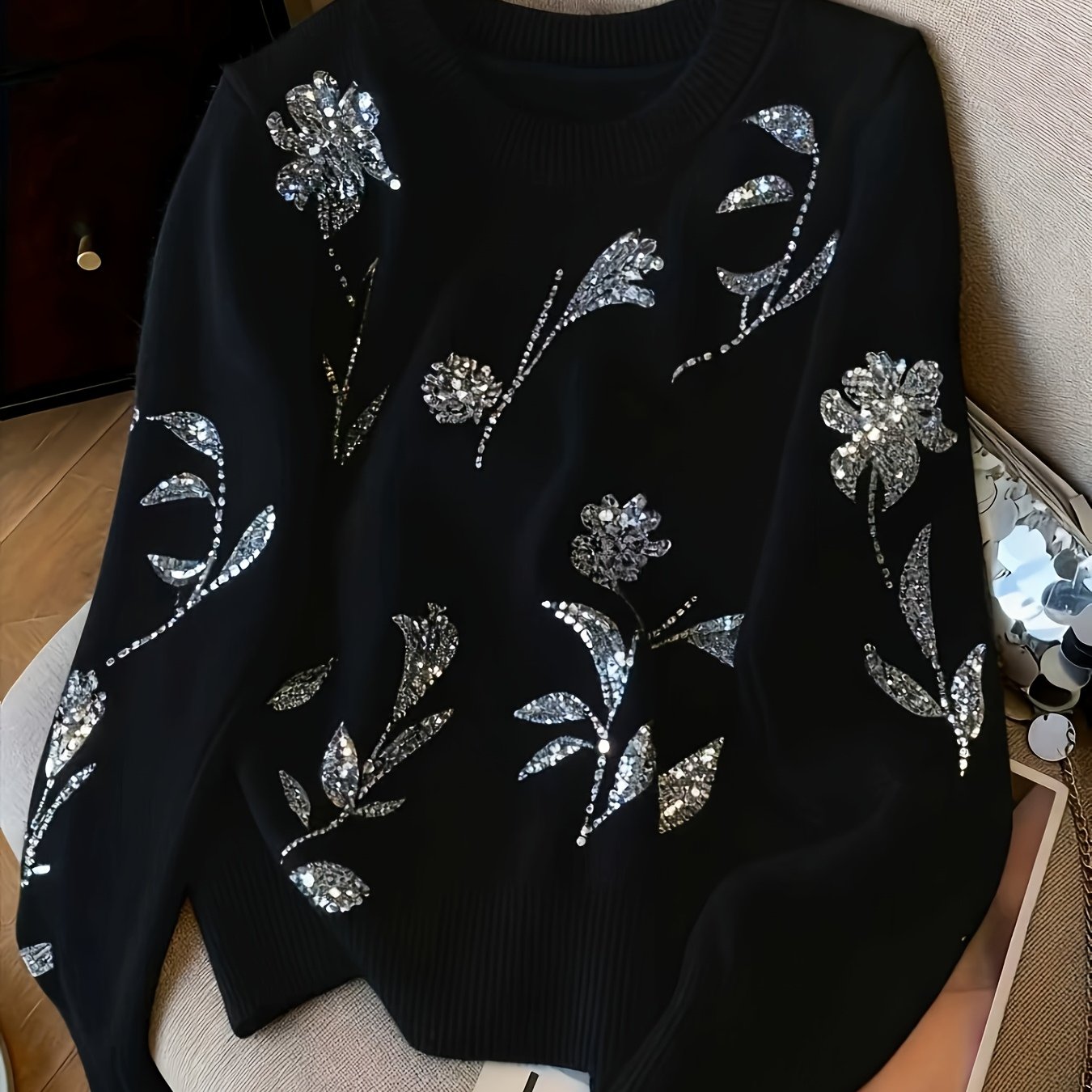 Plus Size, -style Heavy Sequin Floral Sweater For Women, Autumn/winter Collection