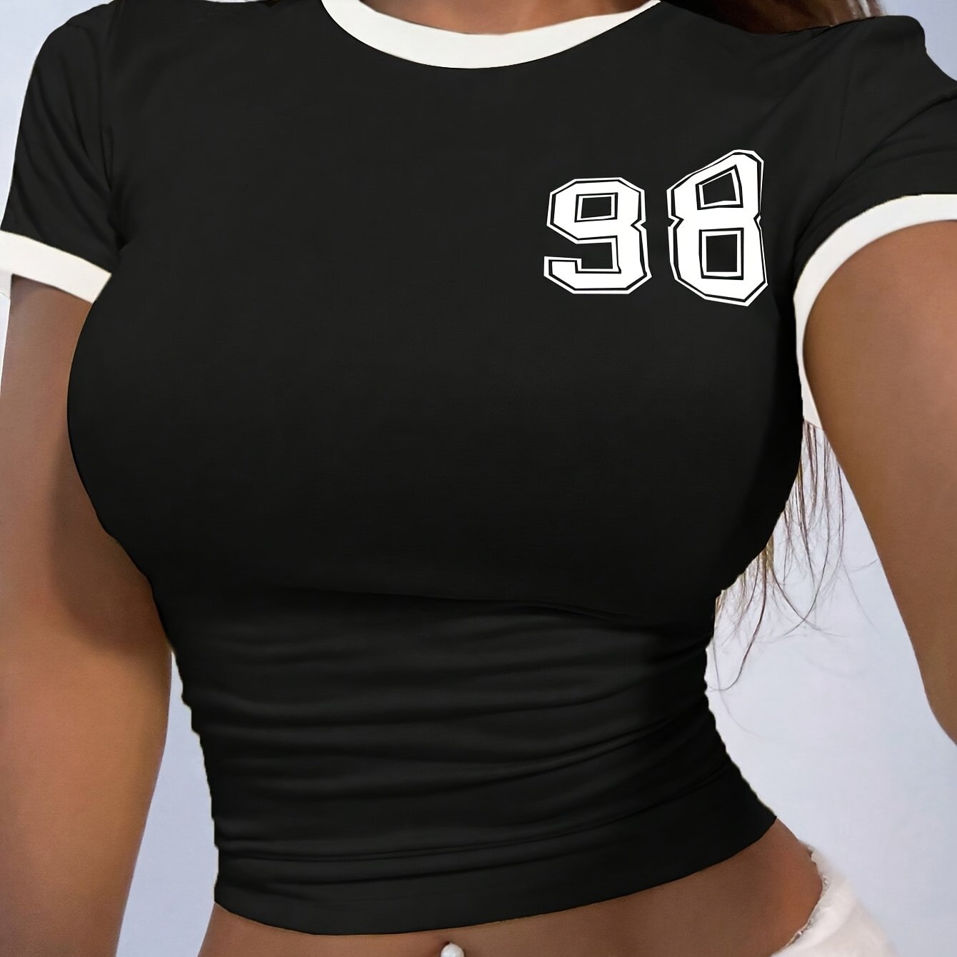 Image of Women's Round Neck Short Sleeve Gentle Sweet Fashionable Block Number Print Top