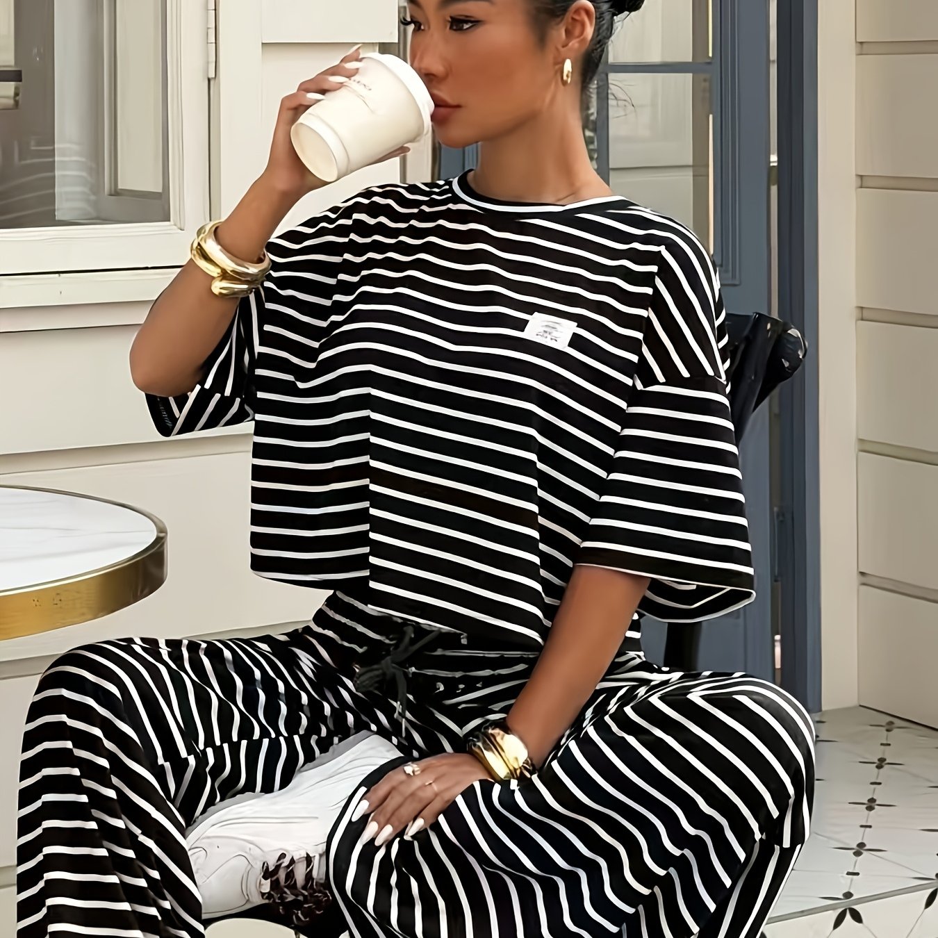 TEMU Women's Striped Short Sleeve Top And Long Pants 2pcs Set, Spring Summer Casual Outfit