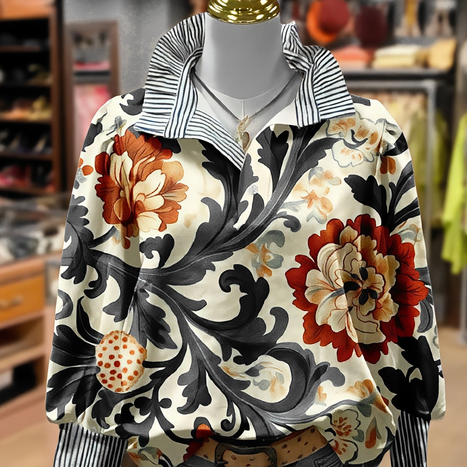 TEMU Chemise Imprimée pour Femme avec Nœud Papillon Rayé, Pull à Manches Longues, Blouse Décontractée