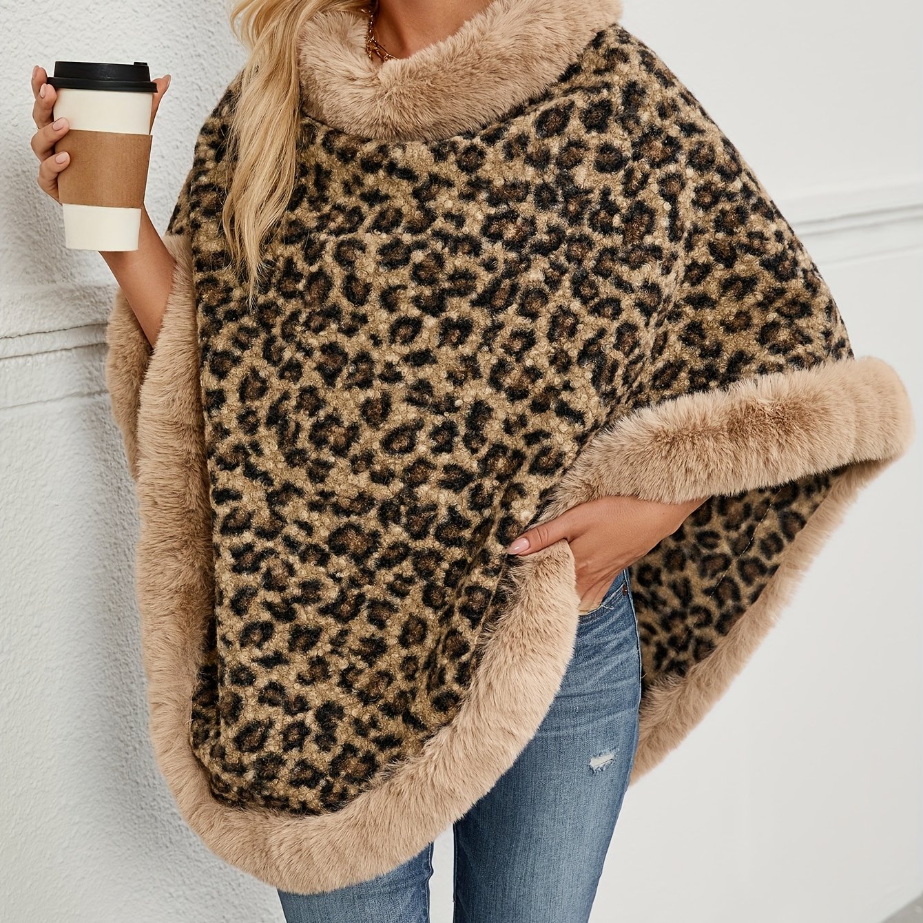 Image of New European And American Autumn/winter Light Luxury Faux Collar Leopard Print Shawl Sweater Cape Cardigan
