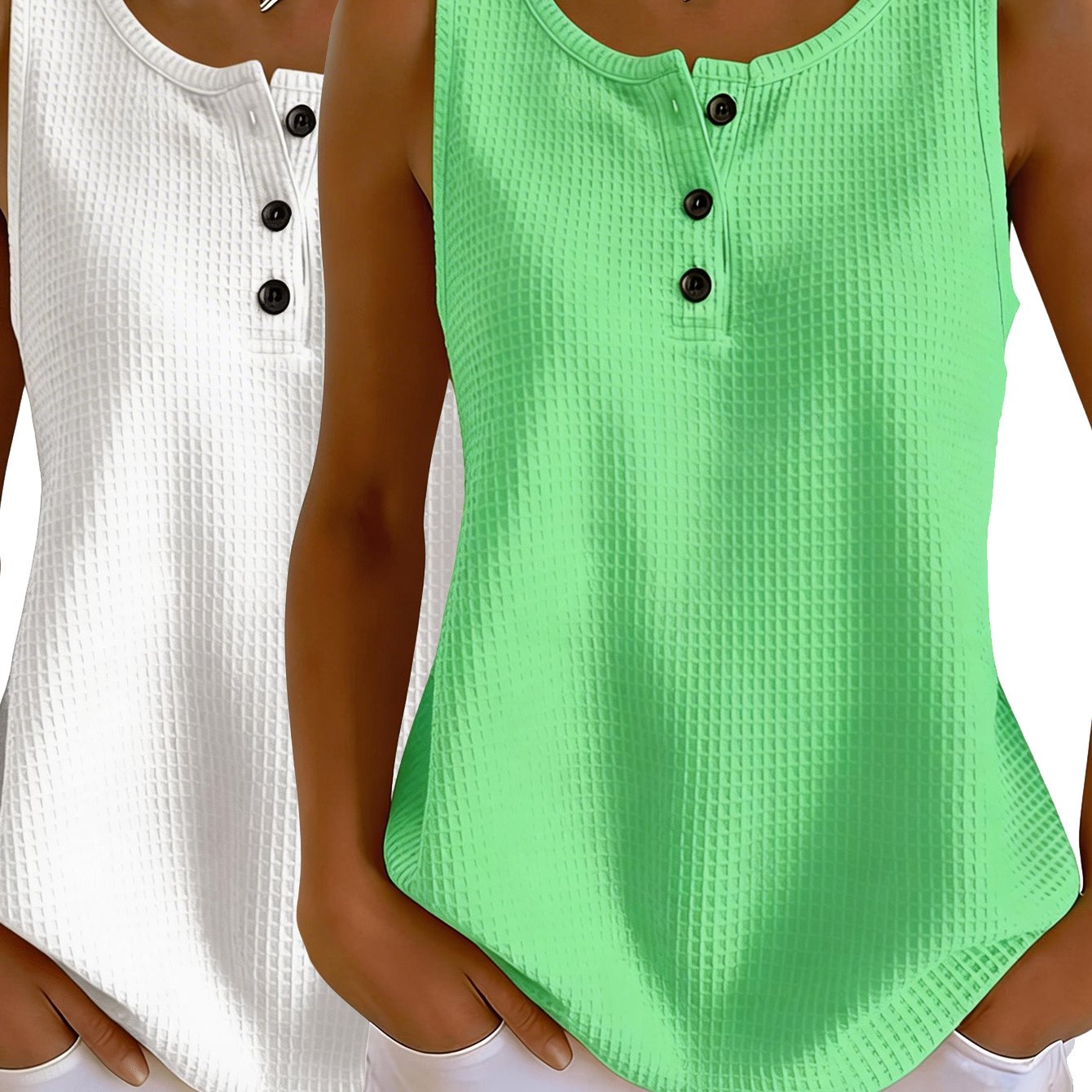 TEMU Plus Size - Plus Size - 2-teiliges Set Plus Size Damenbekleidung Waffelstruktur Elastische Weste Sommer Ärmellos Henley Kragen Lockerer Sitz
