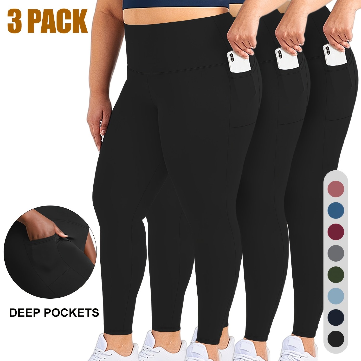 Plus Size - Plus Size - Set Of 3 - Plus Size High-waisted 9-point Leggings With Side Pockets And High Elasticity
