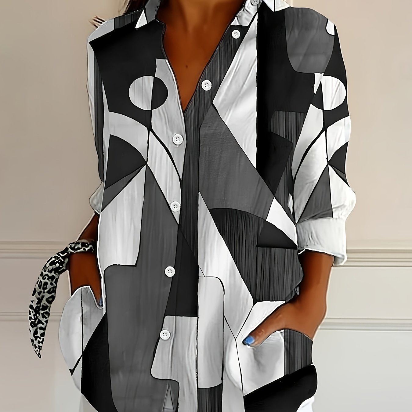 TEMU Women's Button- Collar Long Sleeve Shirt, Geometric Abstract Vintage Regular Top, Printed For Workdays And Holidays, Spring And Autumn