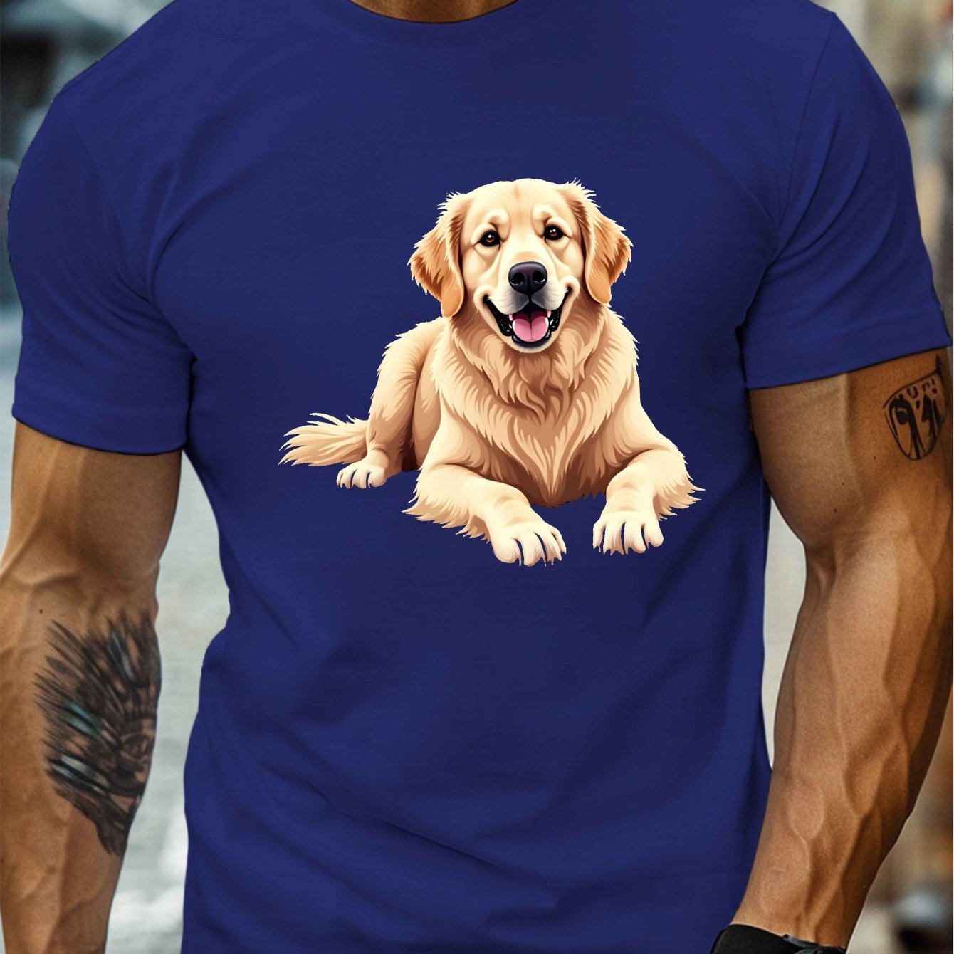 TEMU Fluffy Golden Retriever Illustration Print, Men's Round Crew Neck Short Sleeve Tee, Casual T-shirtcasual Comfy Lightweight Top For Summer
