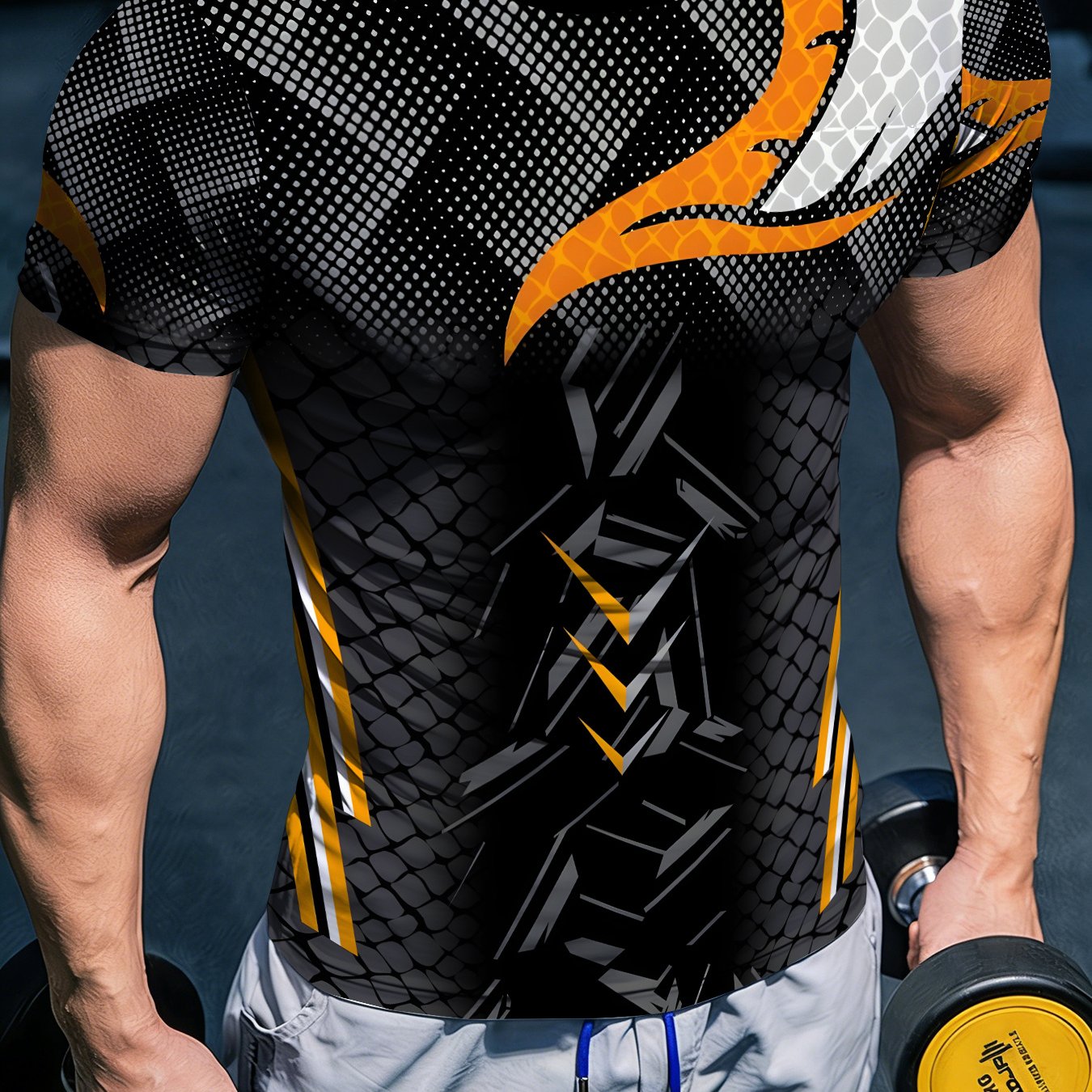 TEMU Orange Flame Scale Pattern Men's Slim Fit Training Base Layer, Compression Base Layer, [printed Design â Not Textured] Printed T-shirt,
